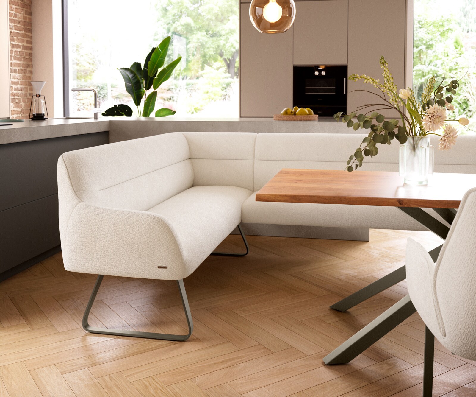 Esszimmerbank Taya-Flex 285x190 cm Bouclé Creme-Weiß Kufengestell flach Effektfinish Titan Taschenfederkern Rechts 4