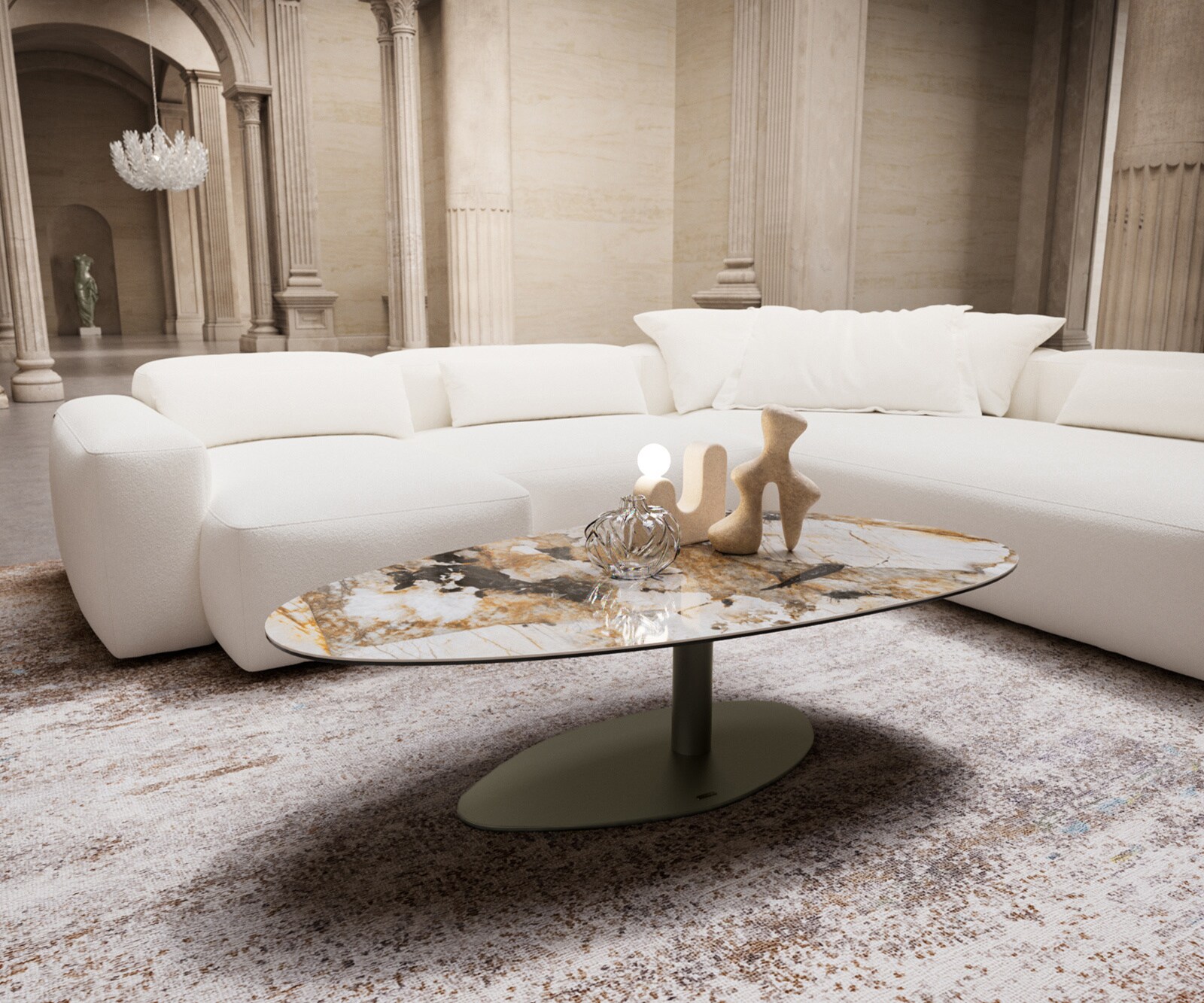 Couchtisch Edge Oval 140x75 cm Keramik Patagonia Poliert Vibany Metall Effektfinish Titan