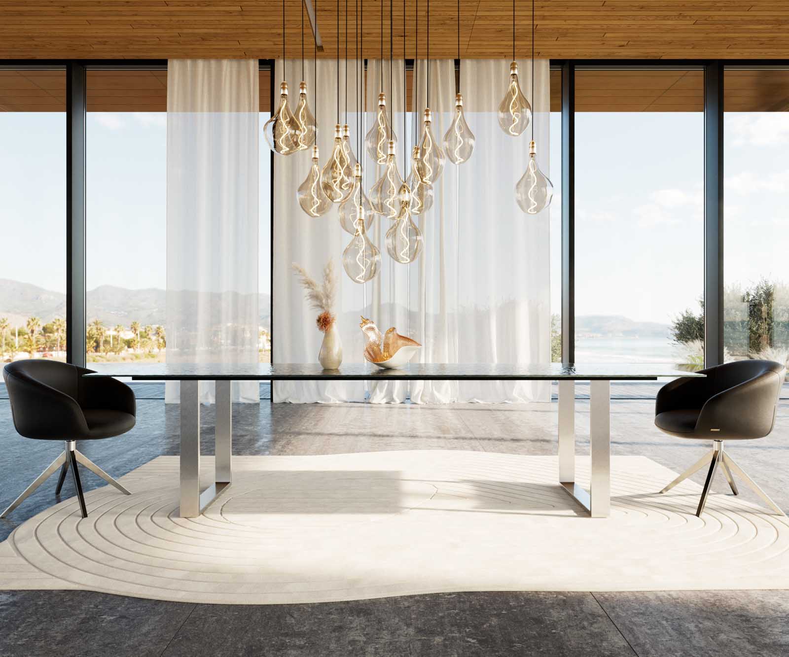 Esstisch Edge 300x100 Reliefglas Rauchschwarz 3D-Design Edelstahl Schmal 1 Esstisch Edge 300x100 Reliefglas Rauchschwarz 3D-Design Edelstahl Schmal 1