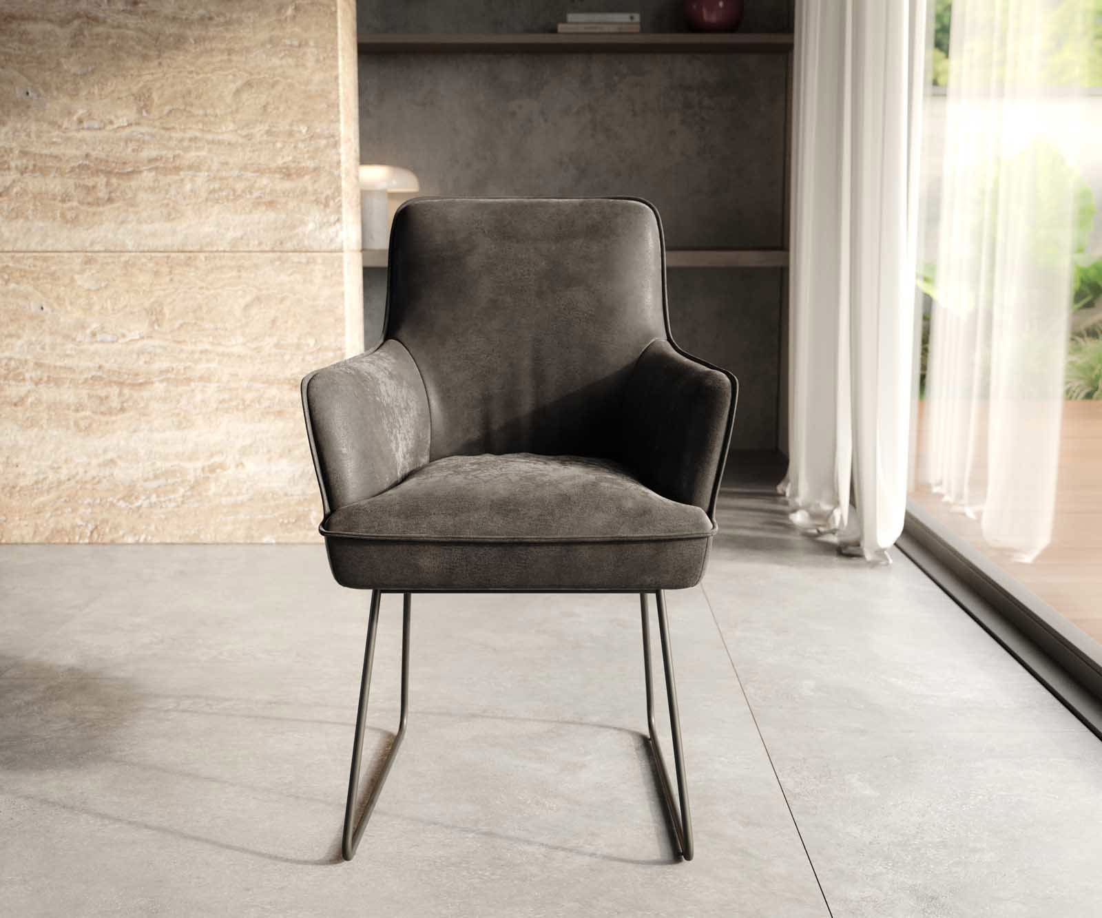 Chaise-de-salle-à-manger Heira-Flex avec accoudoirs microvelours anthracite vintage pied trapèze noir ressorts ensachés 1
