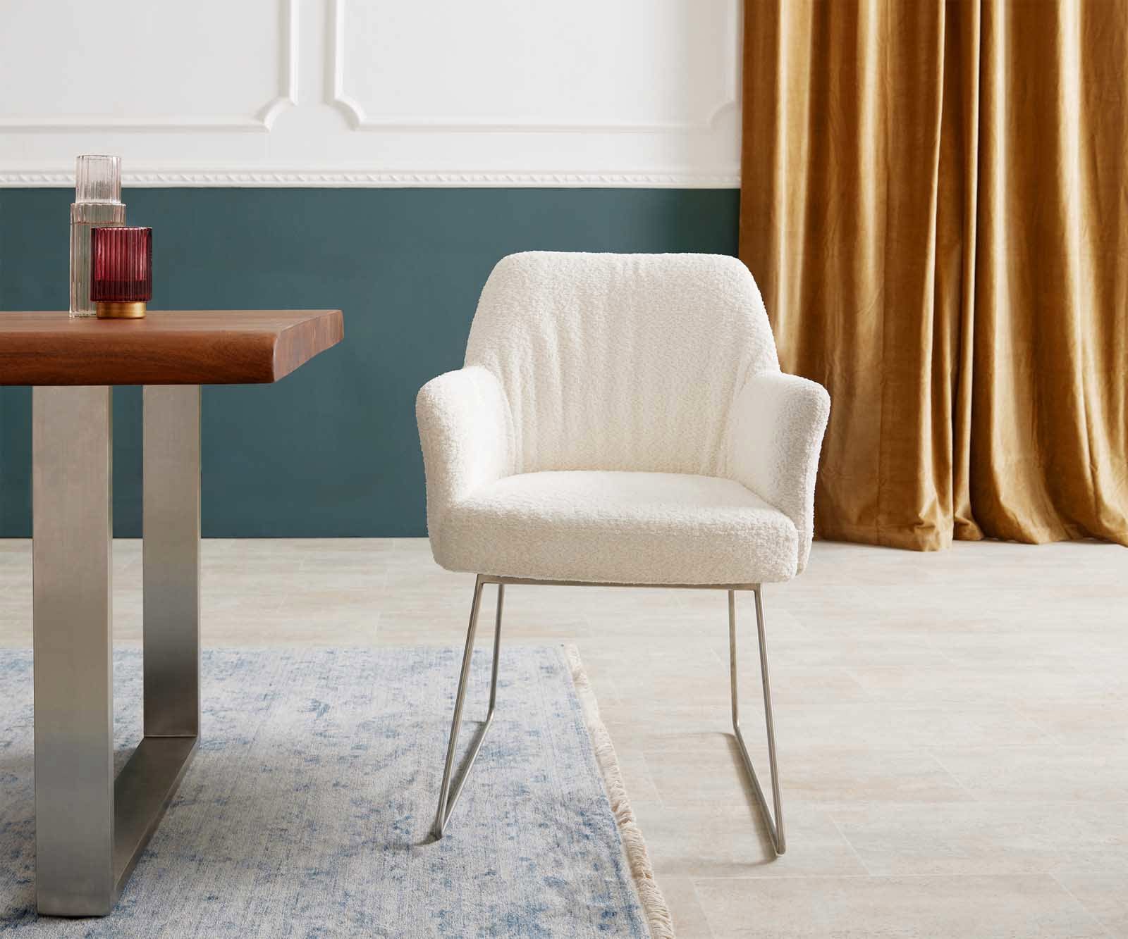 Esszimmerstuhl Xana-Flex mit Armlehnen Bouclé Weiß Kufengestell Edelstahl Taschenfederkern 1 Esszimmerstuhl Xana-Flex mit Armlehnen Bouclé Weiß Kufengestell Edelstahl Taschenfederkern 1