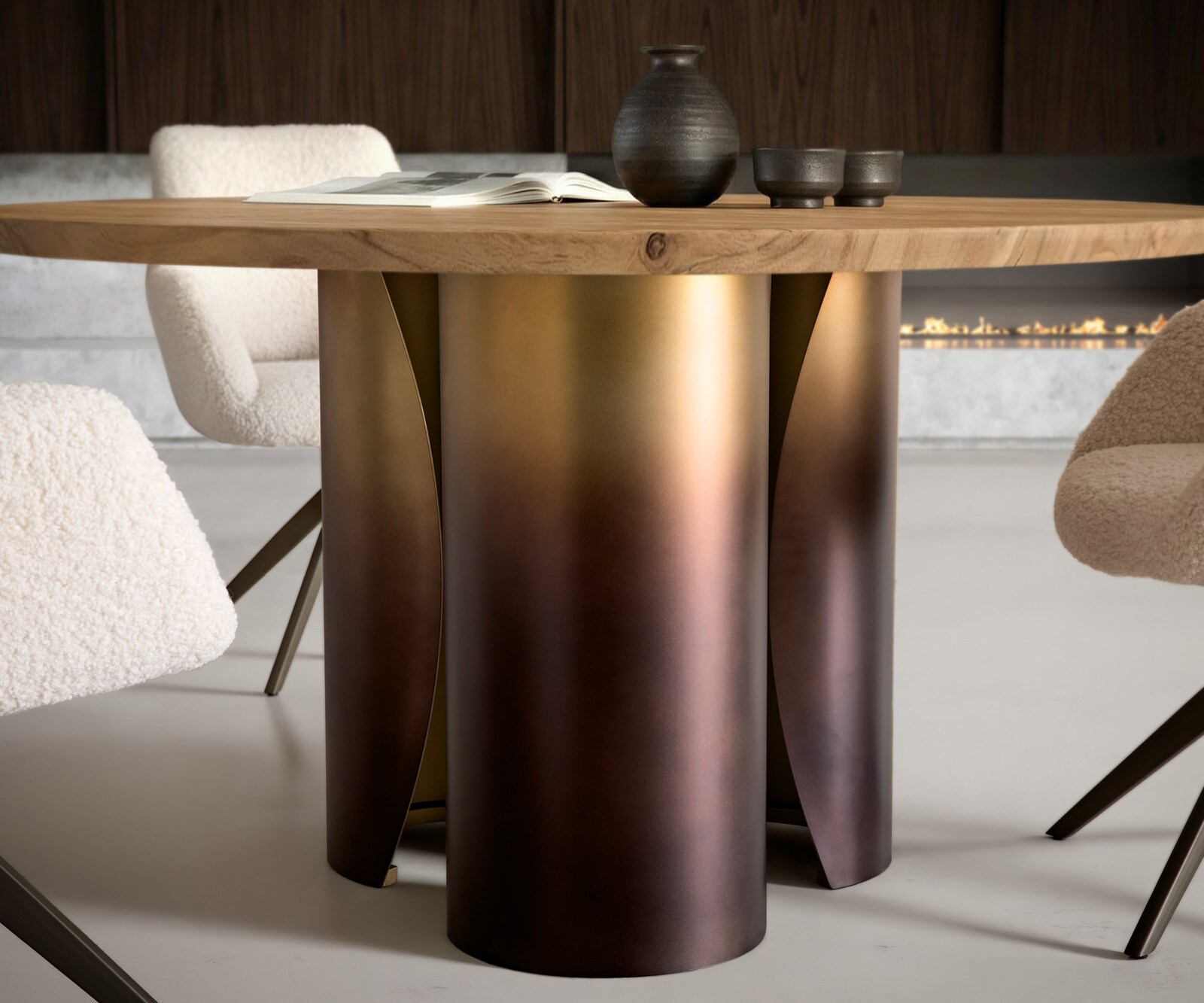 Table-à-manger Adenza ronde 140 x 140 cm Acacia naturel Métal Finition fusion dorée 3