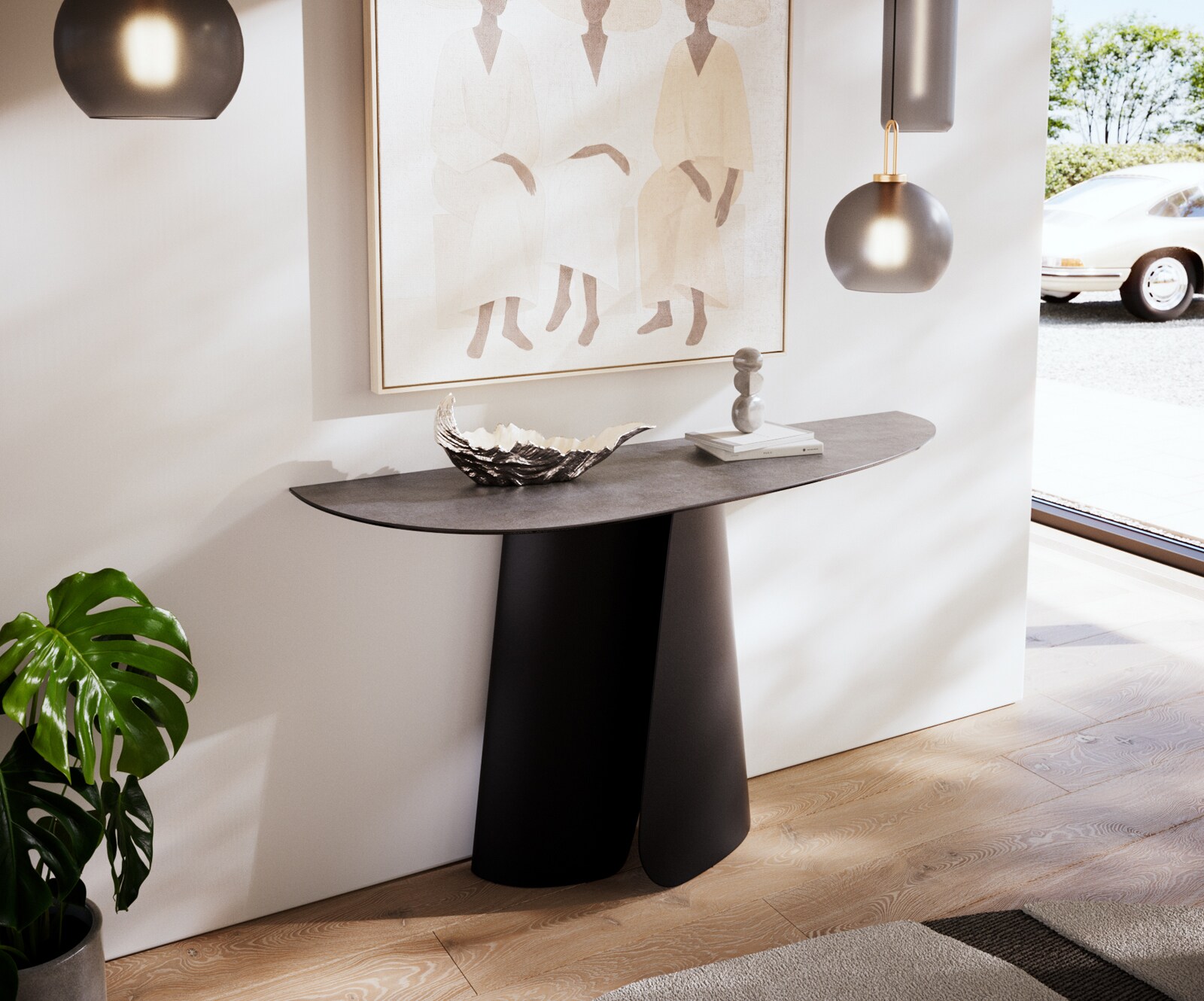 Konsolentisch Edge Oval 140x40 cm Keramik Beton Grau Livos Metall Schwarz 1