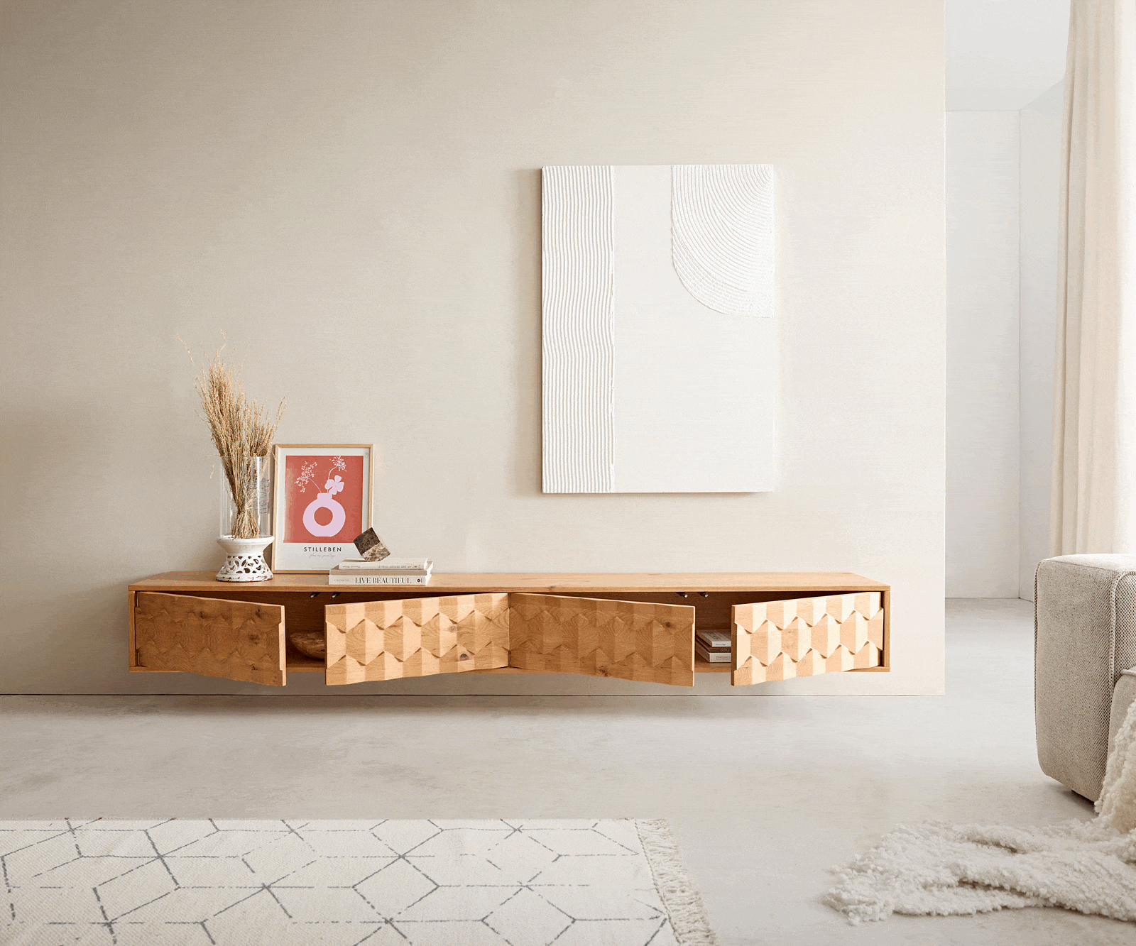 Lowboard Fevo 220 cm Eiche Natur 4 Türen schwebend 3 Lowboard Fevo 220 cm Eiche Natur 4 Türen schwebend 3