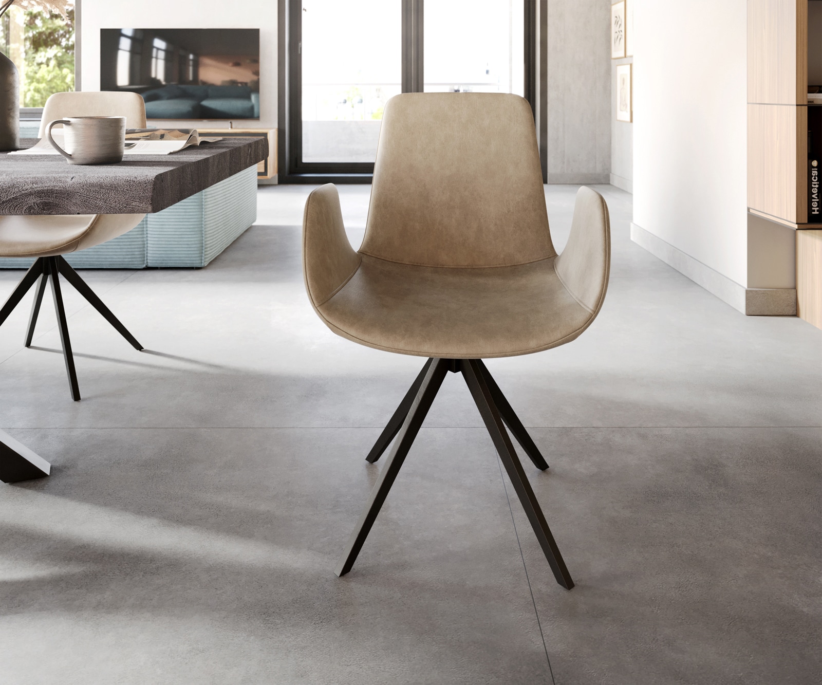 Esszimmerstuhl Ilia-Flex mit Armlehnen Mikrofaser Beige Vintage Kreuzgestell kantig Schwarz 2 Esszimmerstuhl Ilia-Flex mit Armlehnen Mikrofaser Beige Vintage Kreuzgestell kantig Schwarz 2