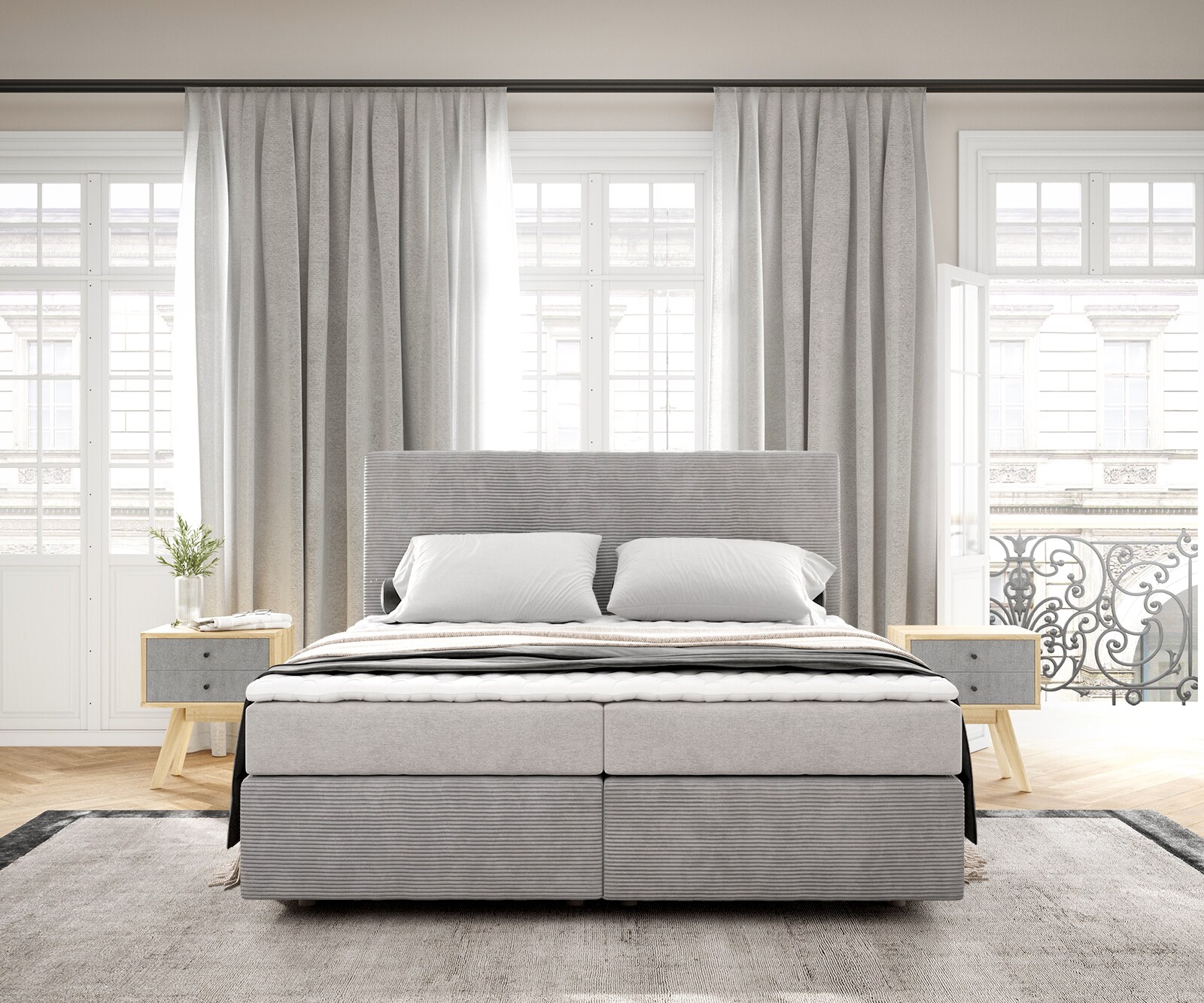 Lit-à-sommier-tapissier Dream-Well 160x200 cm velours côtelé gris argenté avec matelas et surmatelasr 1