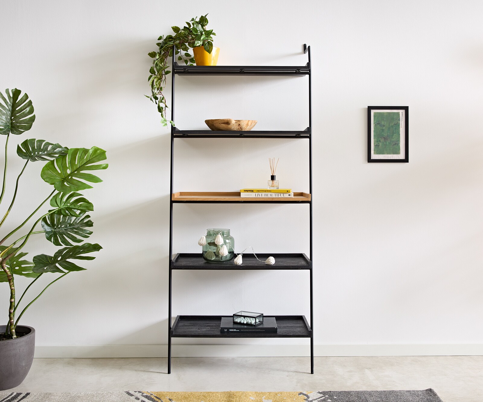 Bücherregal Mikkusu 80x185 cm Bambus Natur Mango Schwarz 5 Ablagen Metall Schwarz 1