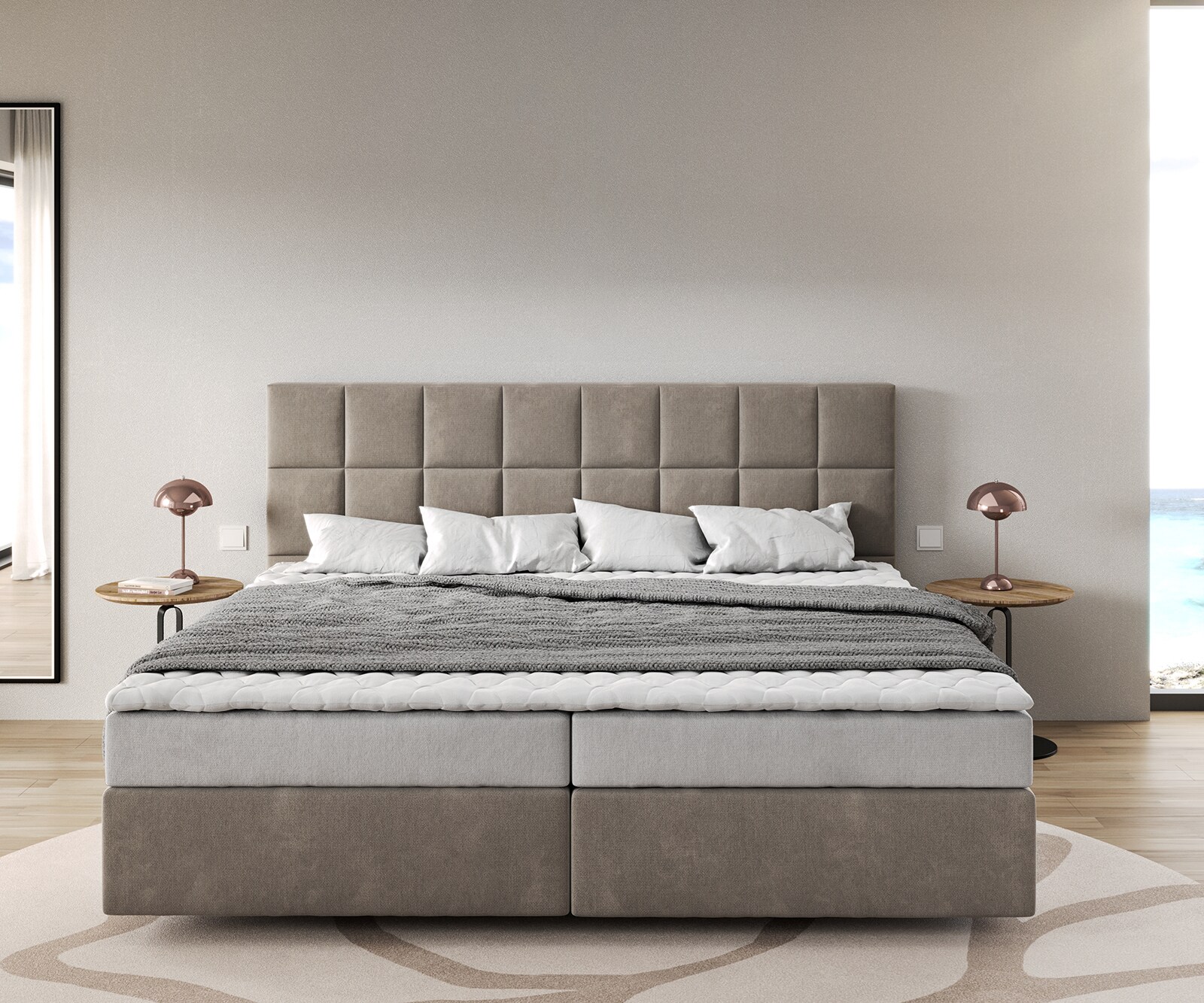Lit-à-sommier-tapissier Dream-Fine Microfibre Beige 200x200 cm Matelas Bonell Surmatelas PU 1