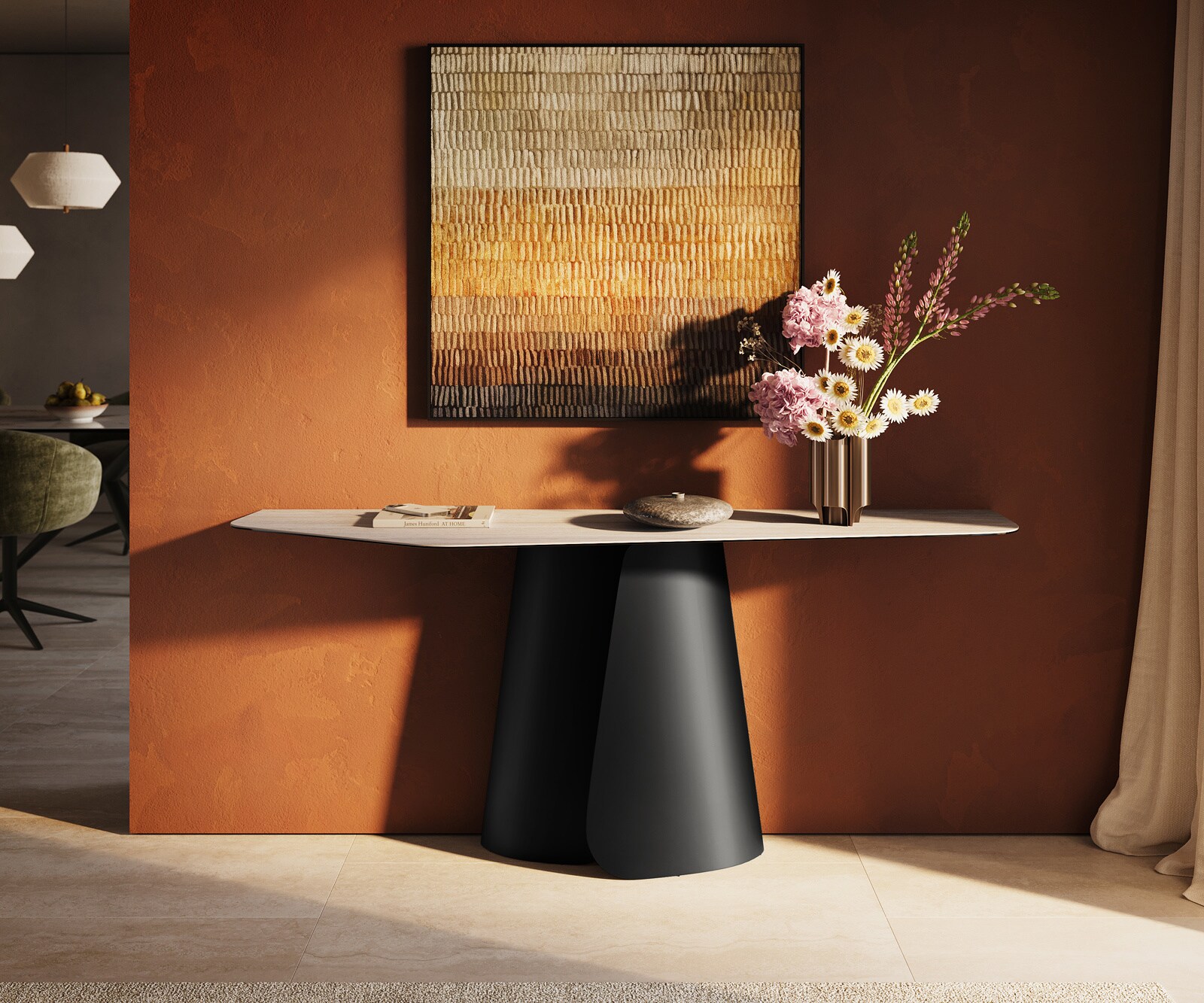 Console Edge Polygonal 180x50 cm Céramique Laminam® Travertino Bianco Creme-Weiß Livos Métal Noir 1