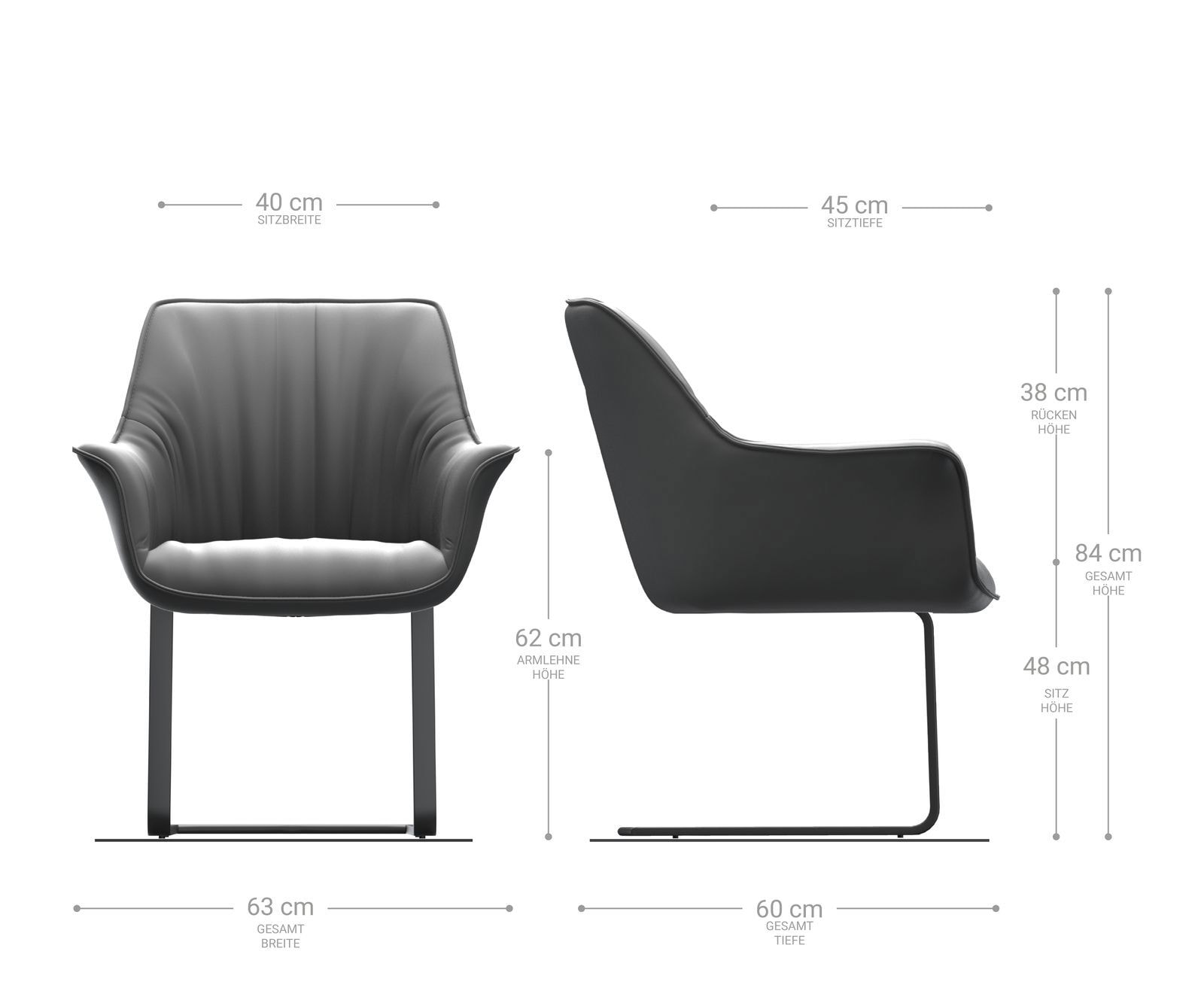 Cantilever Keila-Flex avec accoudoirs cuir de vache noir pied cantilever plat acier inoxydable brossé 6