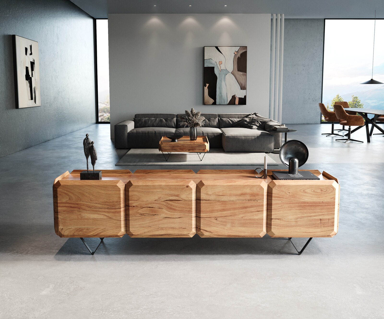 Meuble-bas Kiano 220 cm Acacia Nature 4 Portes Pied en V Noir Séparateur de pièce 1