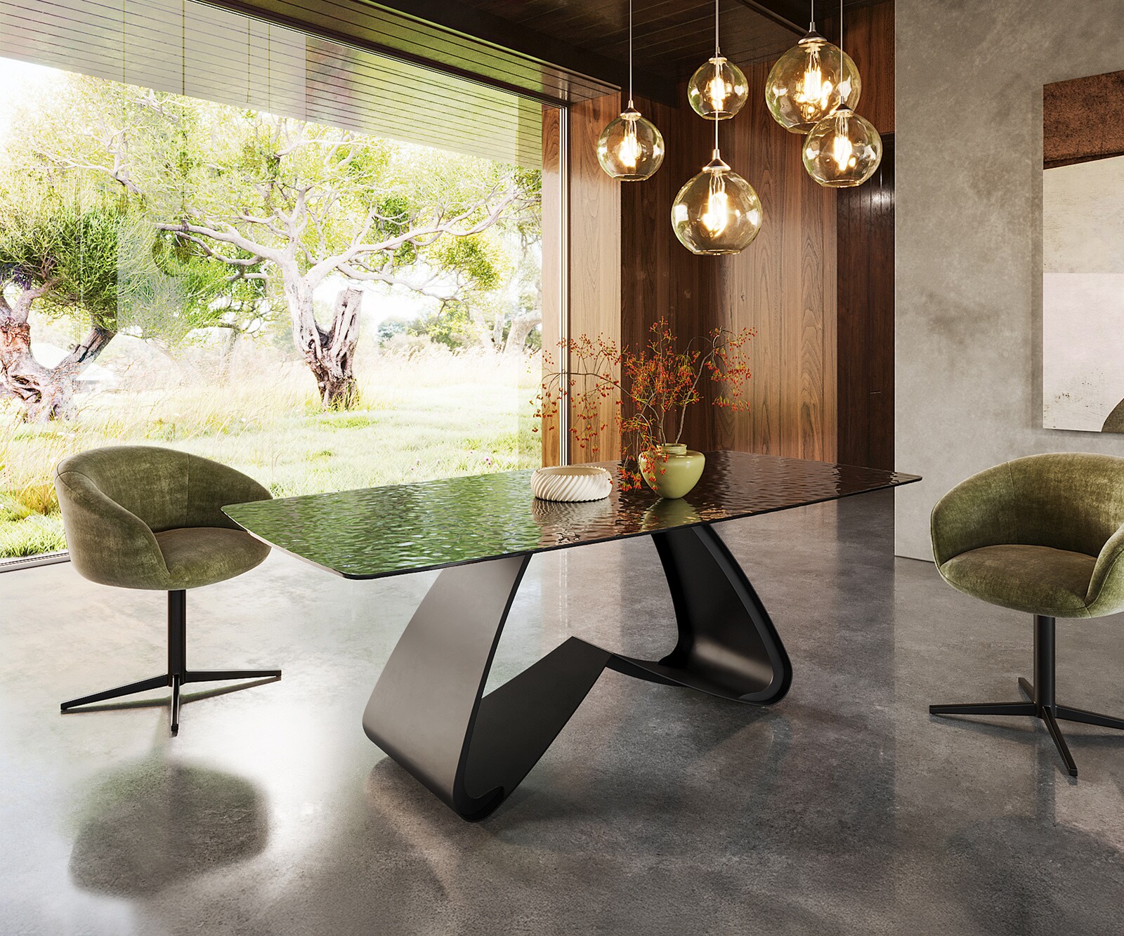 Table à manger Edge Boot 200x100 verre en relief noir 3D-Design cadre en W métal noir 3