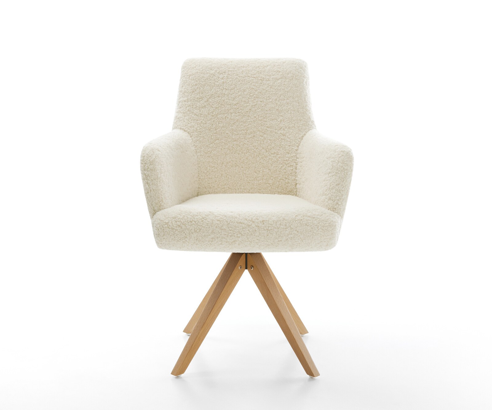 Chaise-pivotante Heira-Flex avec accoudoirs tissu teddy beige pied en bois angulaire naturel pivotement sur 180° resorts ensachés 2