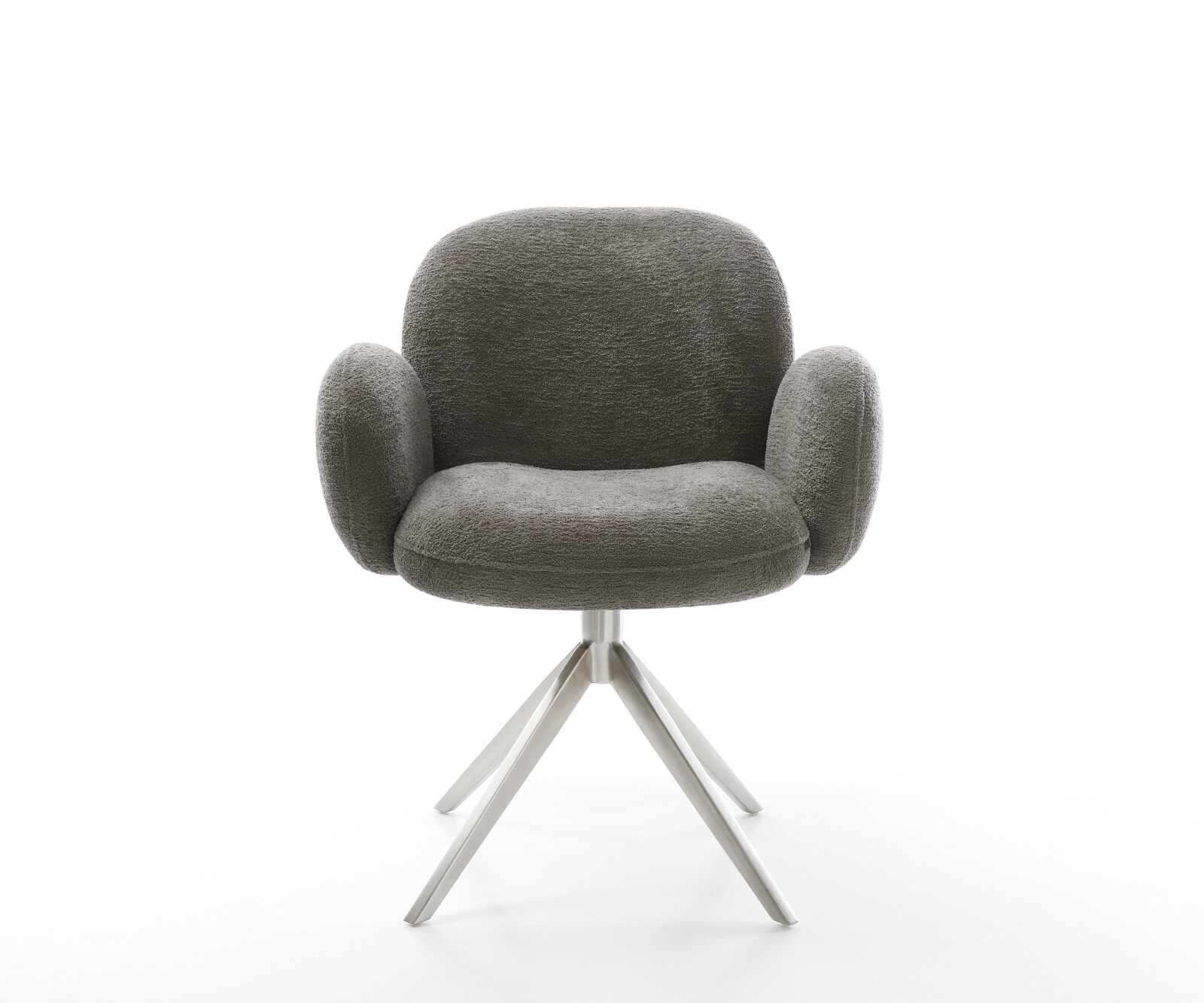 Chaise-pivotante Nube-Flex avec accoudoirs bouclé doux couleur boue pied croisé large acier inoxydable pivotement sur 360° fonction bascule resorts ensachés 1