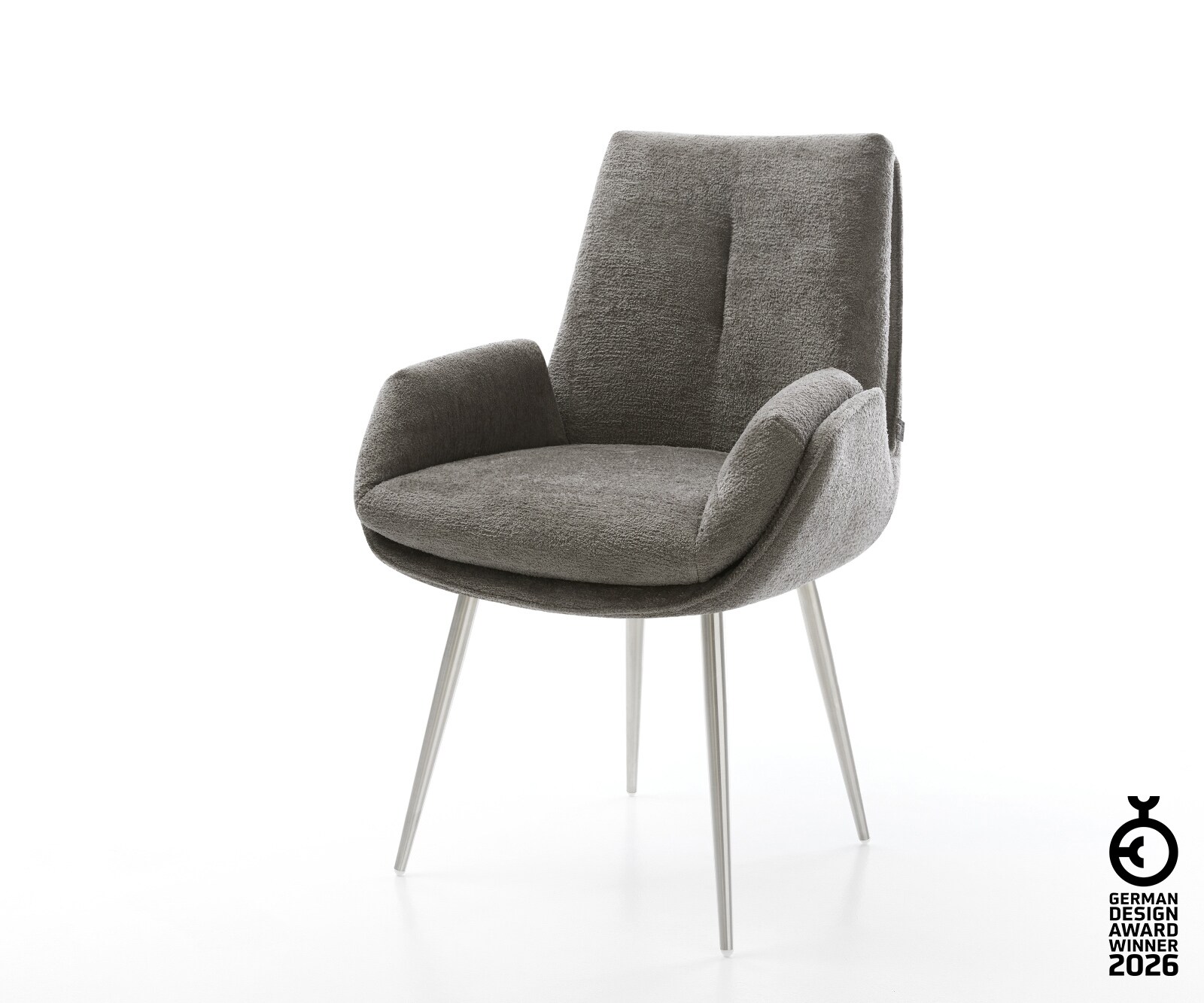 Chaise-de-salle-à-manger Clea-Flex bouclé doux couleur boue 4 pieds coniques acier inoxydable