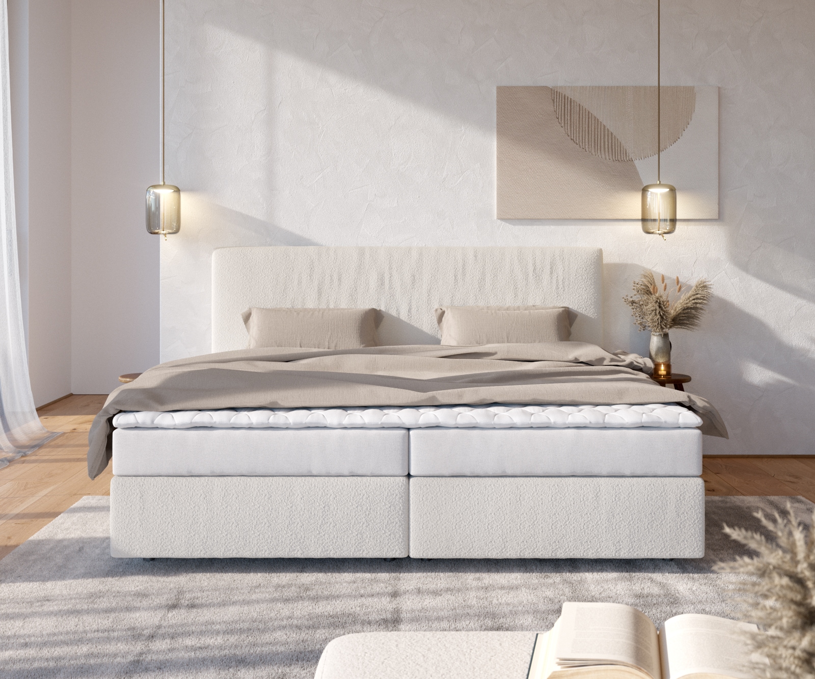 Boxspringbett Dream-Well Bouclé Creme-Weiß 200x200 cm Bonell-Matratze PU-Topper 1 Boxspringbett Dream-Well Bouclé Creme-Weiß 200x200 cm Bonell-Matratze PU-Topper 1