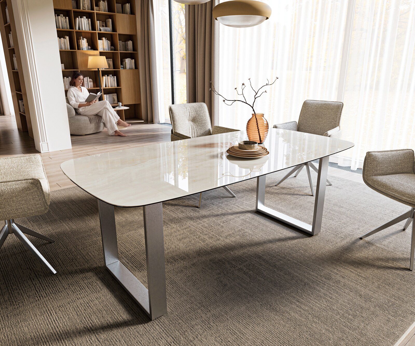 Esstisch Edge Boot 200x100 cm Keramik Onyx Champagne Edelstahl Breit