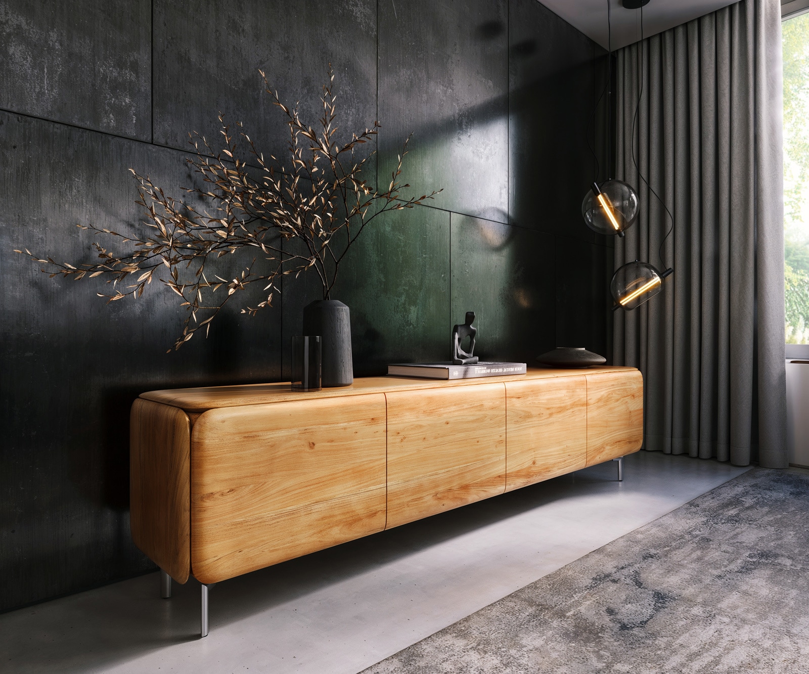 Lowboard Shavani 220 cm Akazie Natur 4 Türen Fuß Oval Edelstahl Lowboard Shavani 220 cm Akazie Natur 4 Türen Fuß Oval Edelstahl