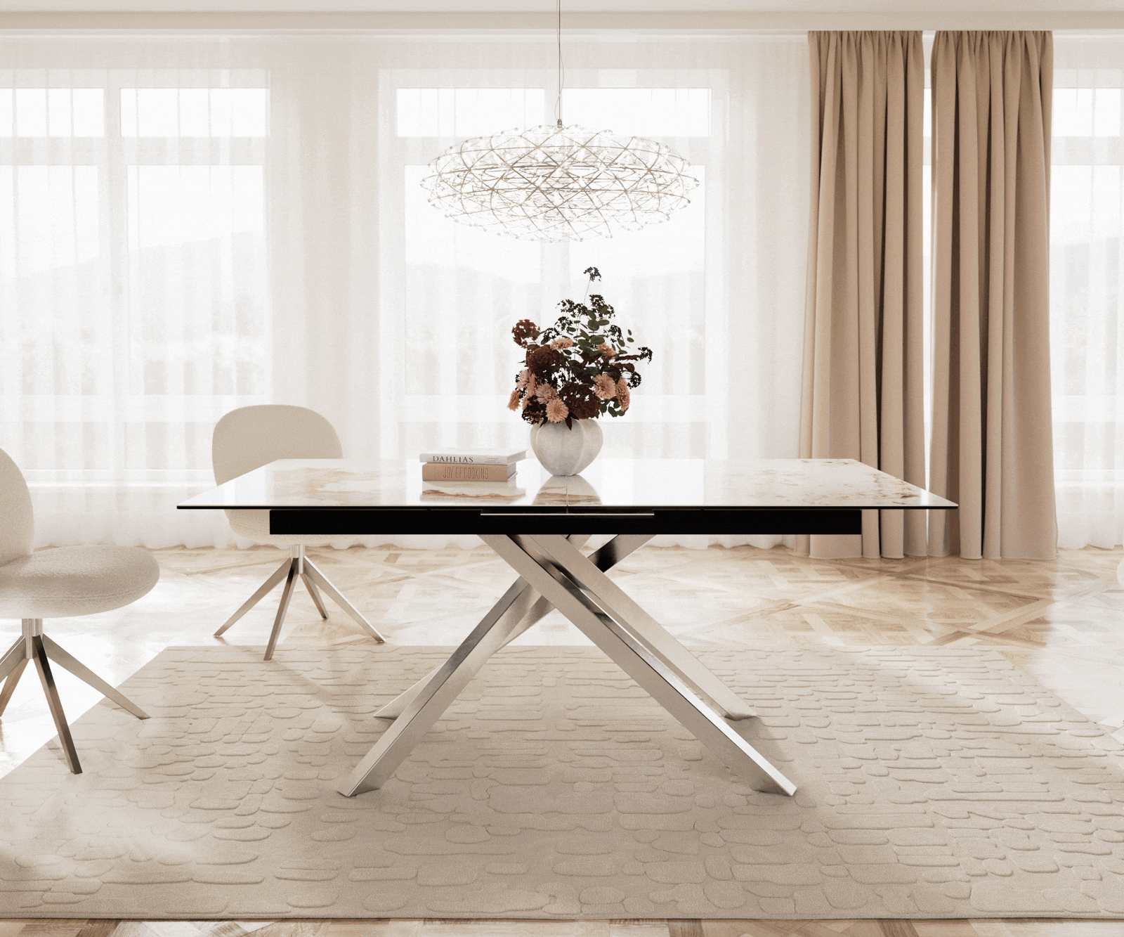 Esstisch Edge 180-220x100 Keramik Minas Melange Weiß-Beige Kreuzgestell Rechteck Edelstahl ausziehbar 1 Esstisch Edge 180-220x100 Keramik Minas Melange Weiß-Beige Kreuzgestell Rechteck Edelstahl ausziehbar 1