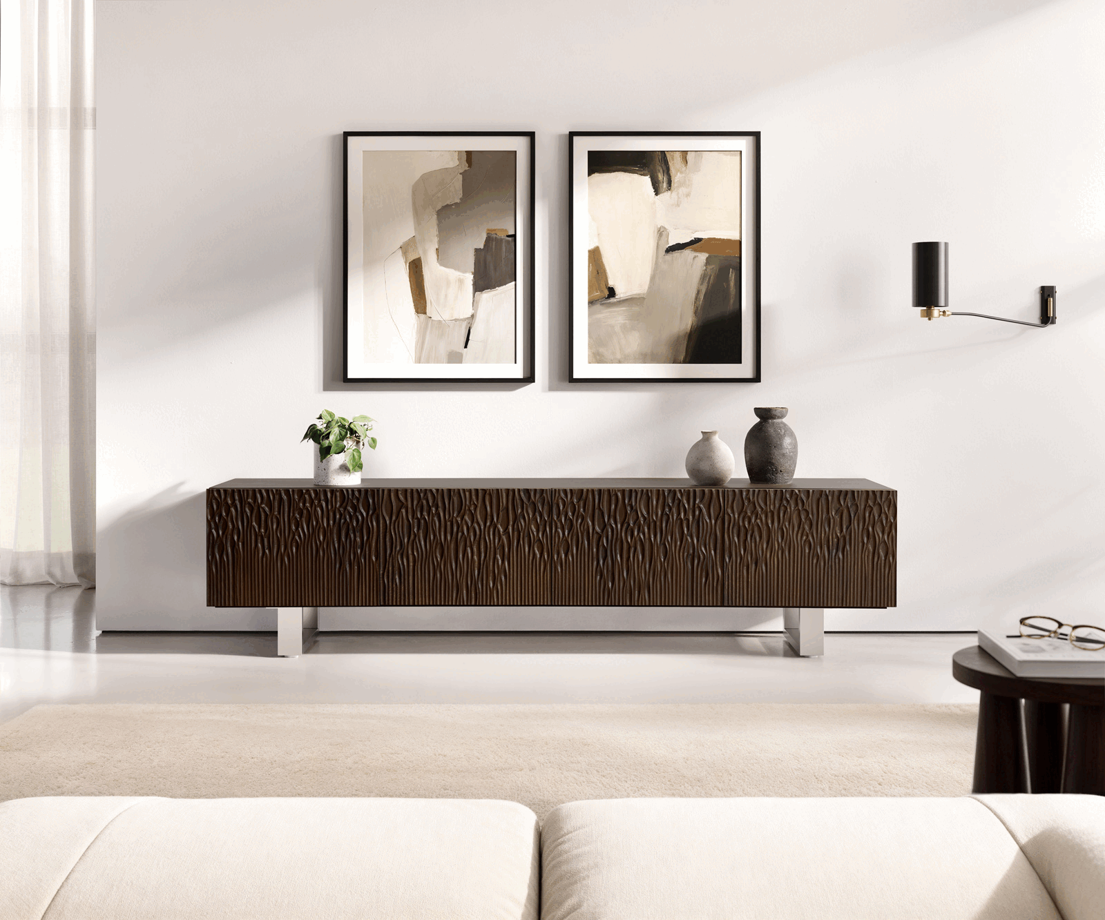 Lowboard Follia 200 cm Mango Braun 4 Türen Kufe Edelstahl gebürstet 1