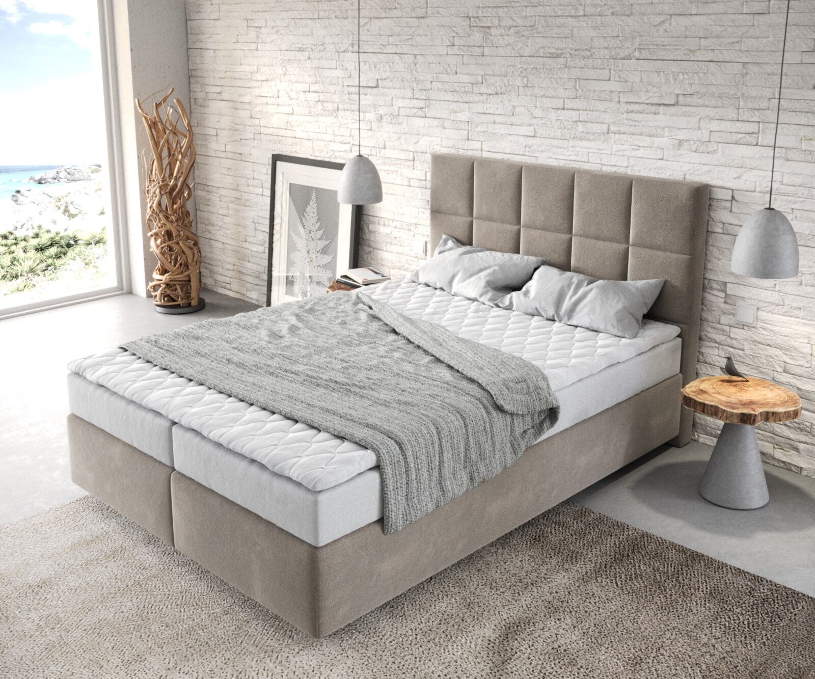 Boxspringbett Dream-Fine 140x200 cm Mikrofaser Beige mit Matratze und Topper 3