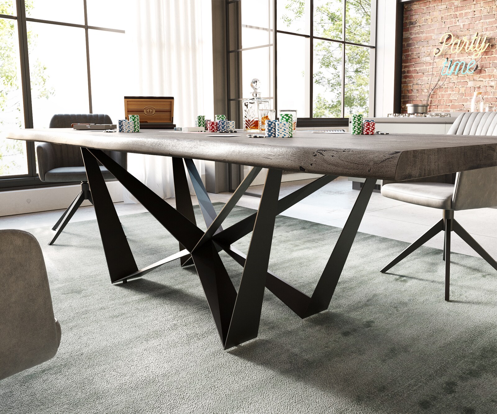 Esstisch Edge 260x100 XL Akazie Platin Spider Flachstahl Schwarz Live-Edge 3