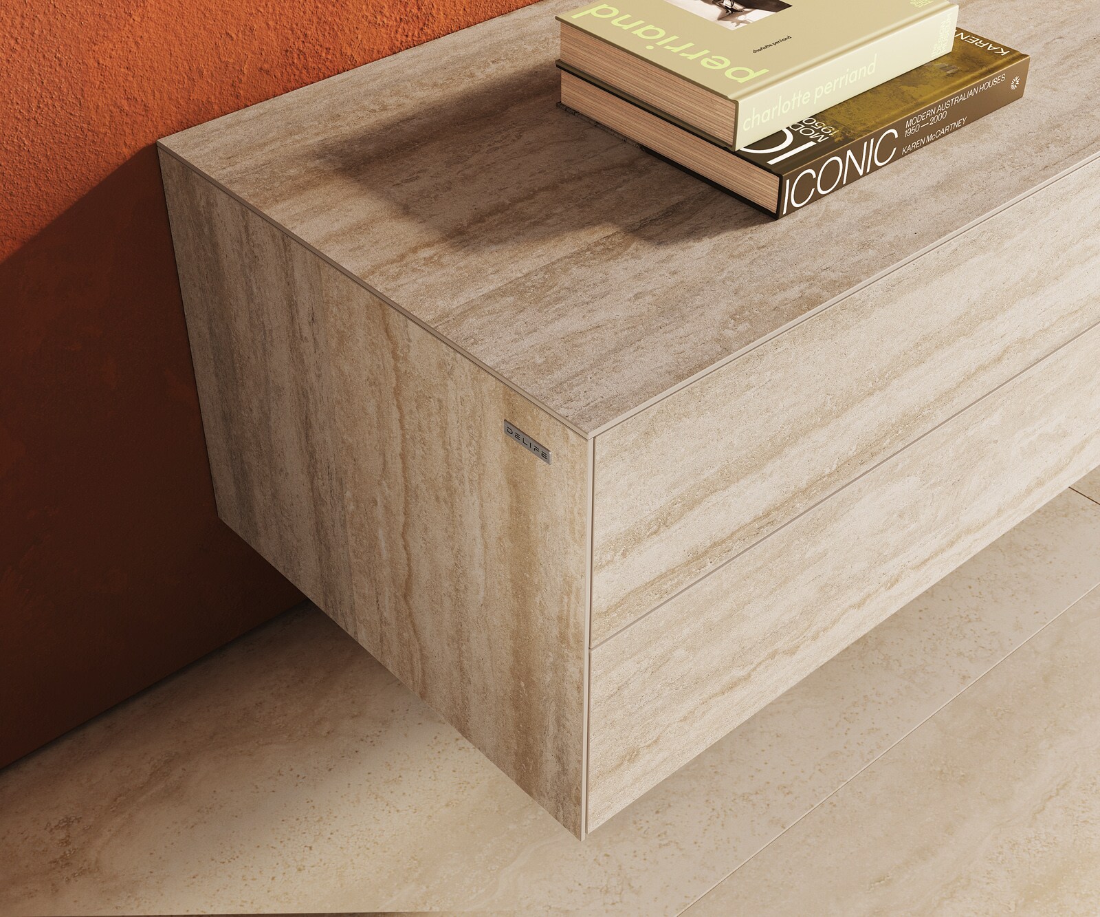Lowboard Cuor 180 cm Keramik Laminam® Travertino Bianco Creme-Weiß 1 Klappe 2 Schubfächer Schwebend 5