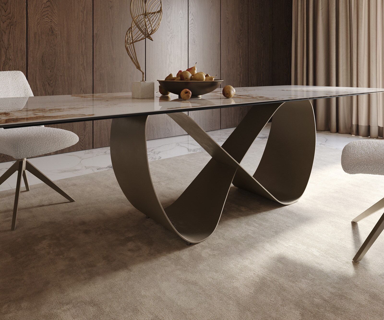 Table à manger Edge 300x100cm Céramique Minas Mélange Blanc-Beige Infinity Métal Effet Titane 6