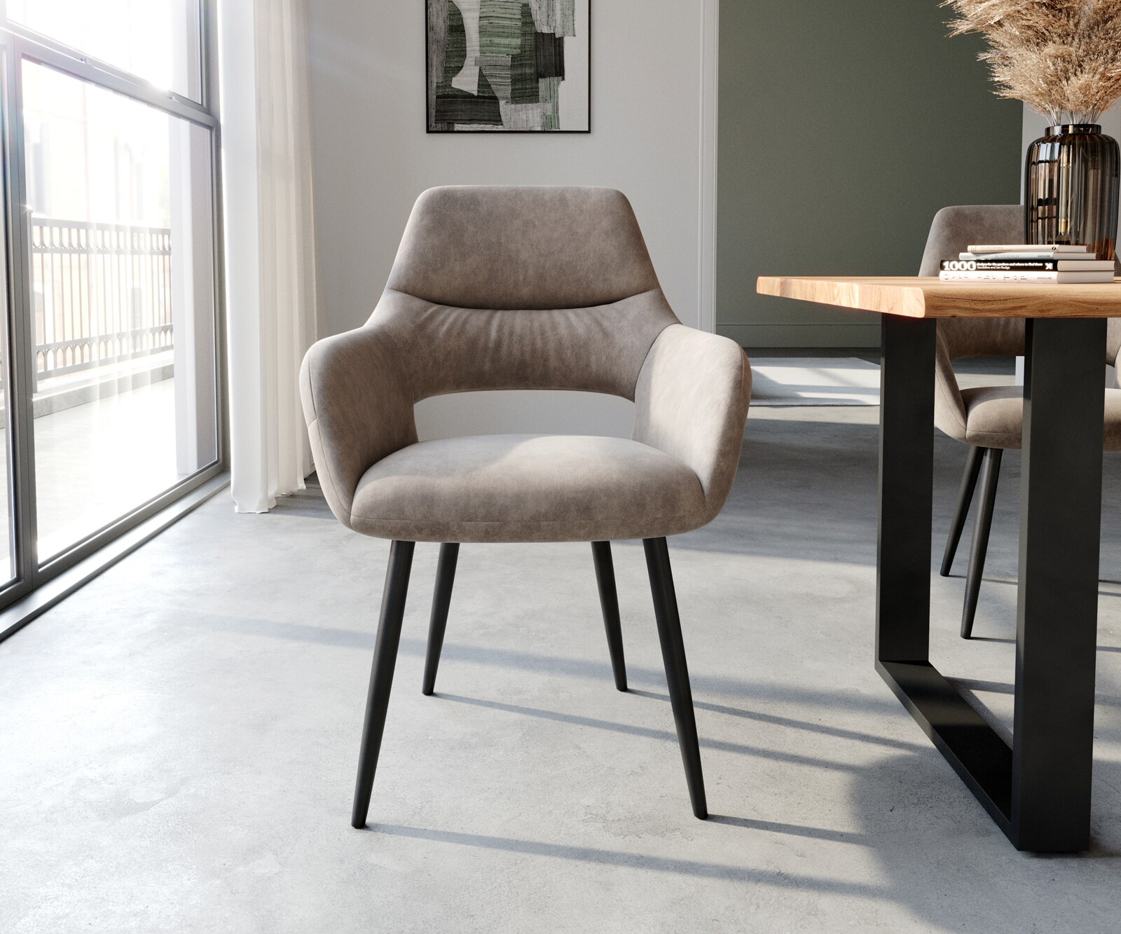 Esszimmerstuhl Yago-Flex mit Armlehnen Mikrofaser Taupe Vintage 4-Fuß konisch Schwarz Taschenfederkern 2