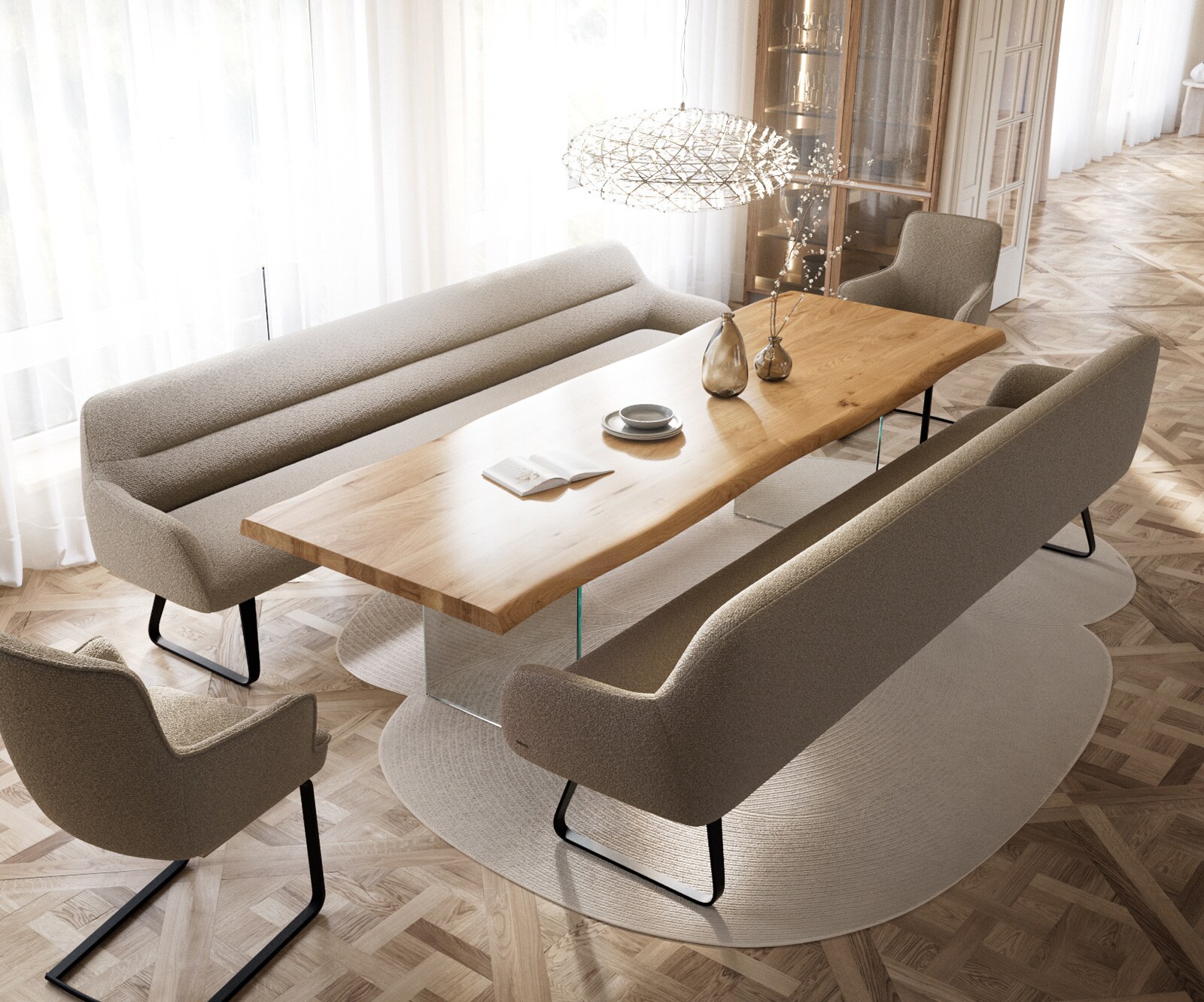 Esszimmerbank Taya-Flex 300 cm Bouclé Schlamm Kufengestell flach Schwarz Taschenfederkern 3