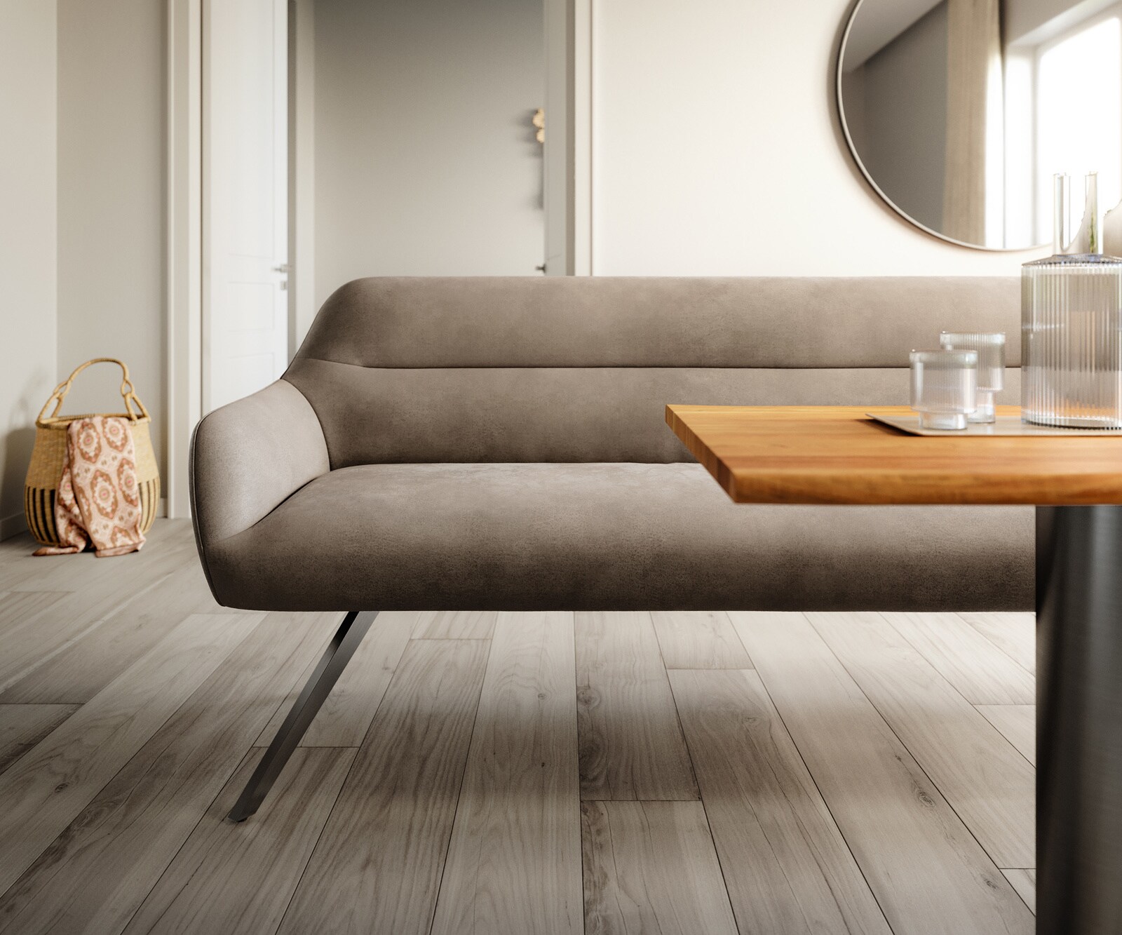 Banc-de-salle-à-manger Taya-Flex 300 cm microfibre taupe vintage pied croisé angulaire grafiete ressort ensaché 1