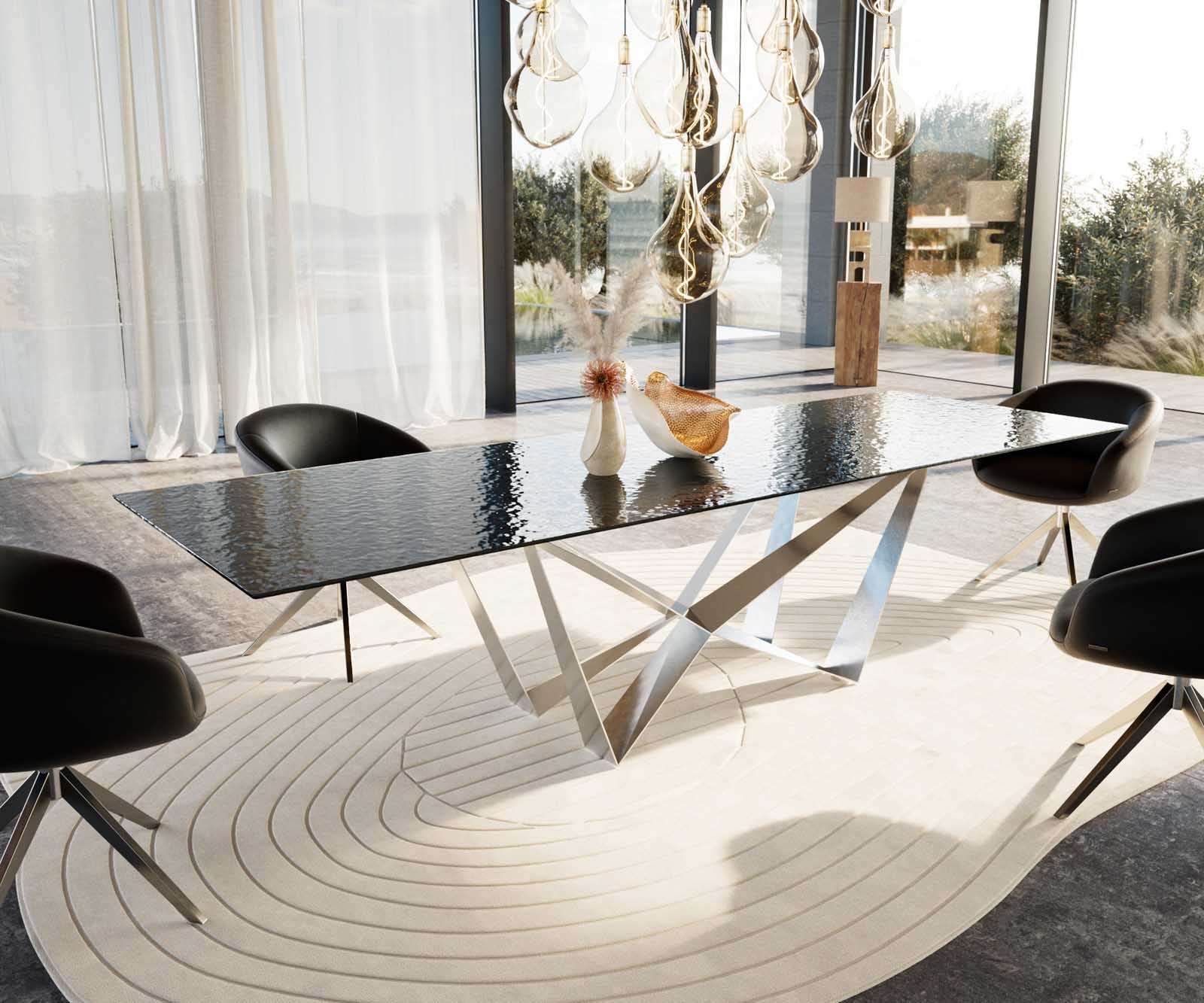 Esstisch Edge 300x100 Reliefglas Rauchschwarz 3D-Design Spider Flachstahl Edelstahl Esstisch Edge 300x100 Reliefglas Rauchschwarz 3D-Design Spider Flachstahl Edelstahl