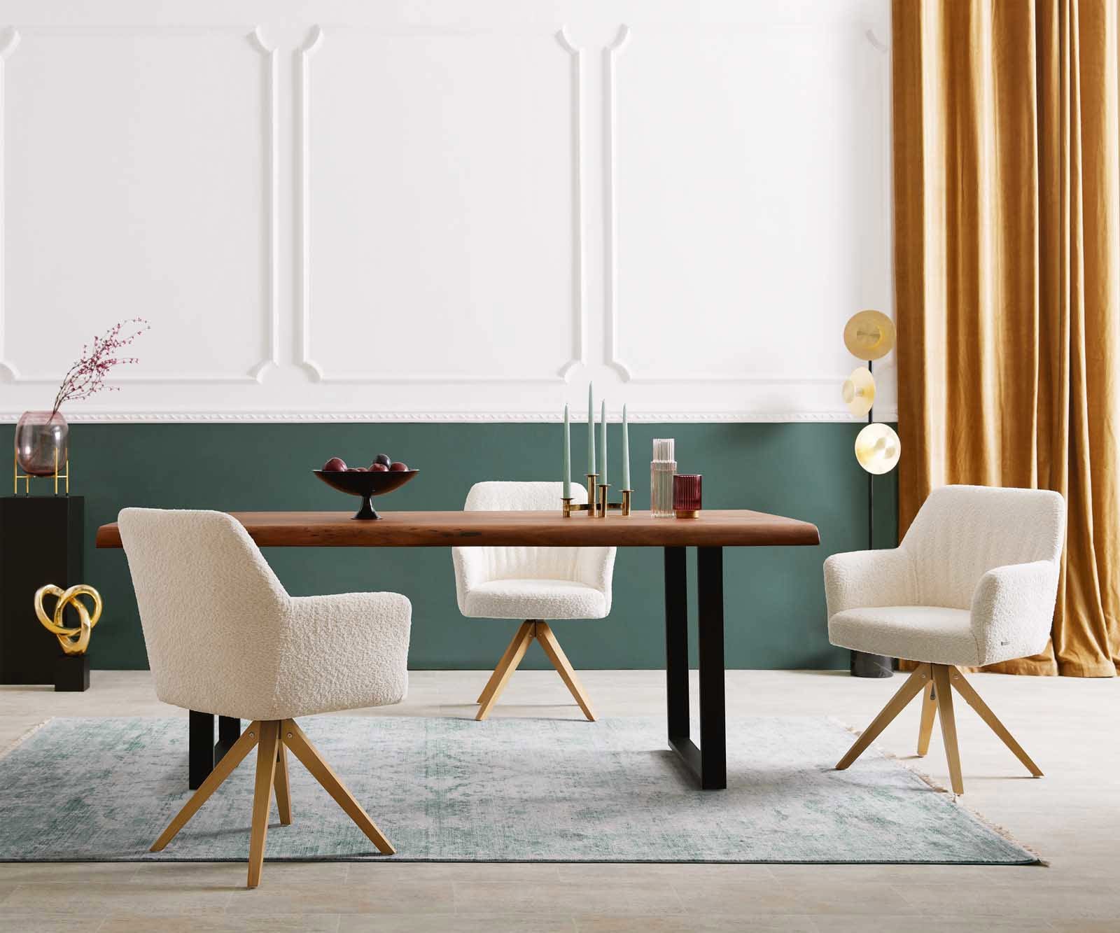 Drehstuhl Xana-Flex mit Armlehnen Bouclé Weiß Holzgestell kantig Natur 180° drehbar Taschenfederkern 5 Drehstuhl Xana-Flex mit Armlehnen Bouclé Weiß Holzgestell kantig Natur 180° drehbar Taschenfederkern 5