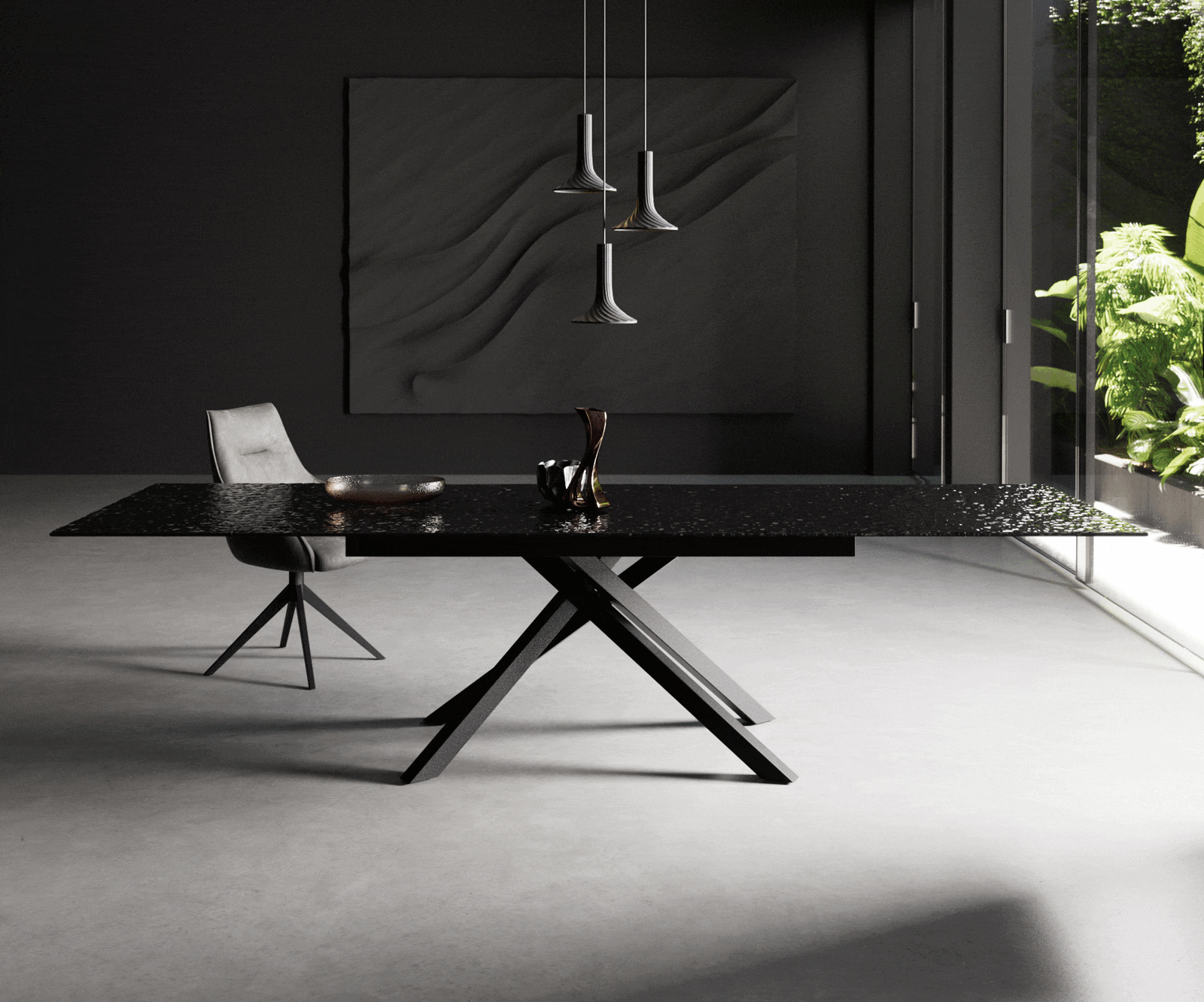 Esstisch Edge 200-300x100 Reliefglas Rauchschwarz 3D-Design Kreuzgestell Rechteck Schwarz ausziehbar 2