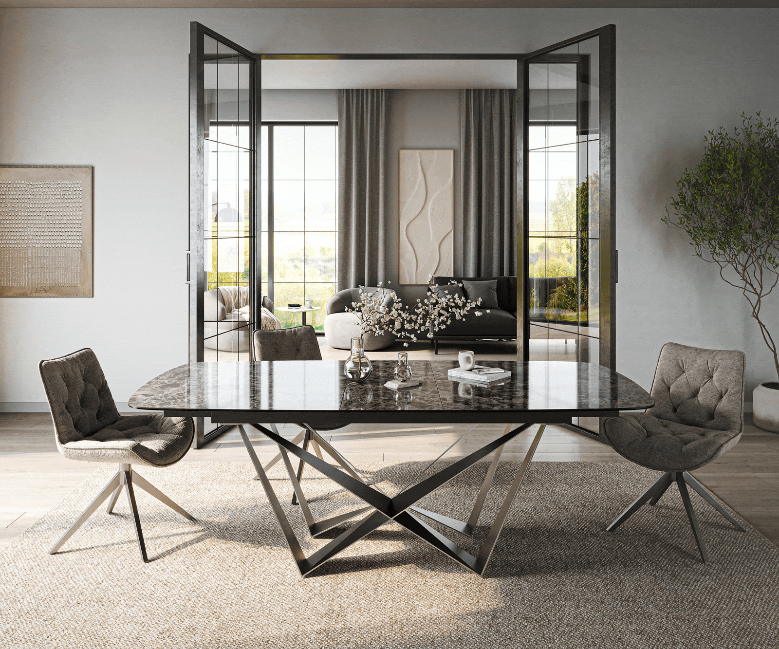 Esstisch Edge Boot 180-220x100 cm Keramik Emperador Extra Lucidato Dunkelbraun Spider Flachstahl Edelstahl Graphit ausziehbar 1