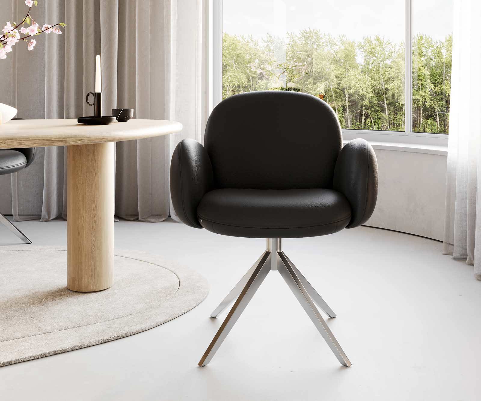 Chaise-pivotante Nube-Flex avec accoudoirs cuir de vache noir pied croisé large acier inoxydable brossé pivotement sur 360° ressorts ensachés 1 Chaise-pivotante Nube-Flex avec accoudoirs cuir de vache noir pied croisé large acier inoxydable brossé pivotement sur 360° ressorts ensachés 1