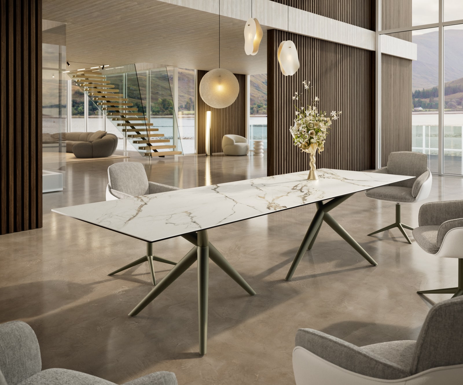Esstisch Edge 300x100 Keramik Calacatta Luxe Weiß-Gold-Grau Estelar rund Metall Effektfinish Titan 1 Esstisch Edge 300x100 Keramik Calacatta Luxe Weiß-Gold-Grau Estelar rund Metall Effektfinish Titan 1