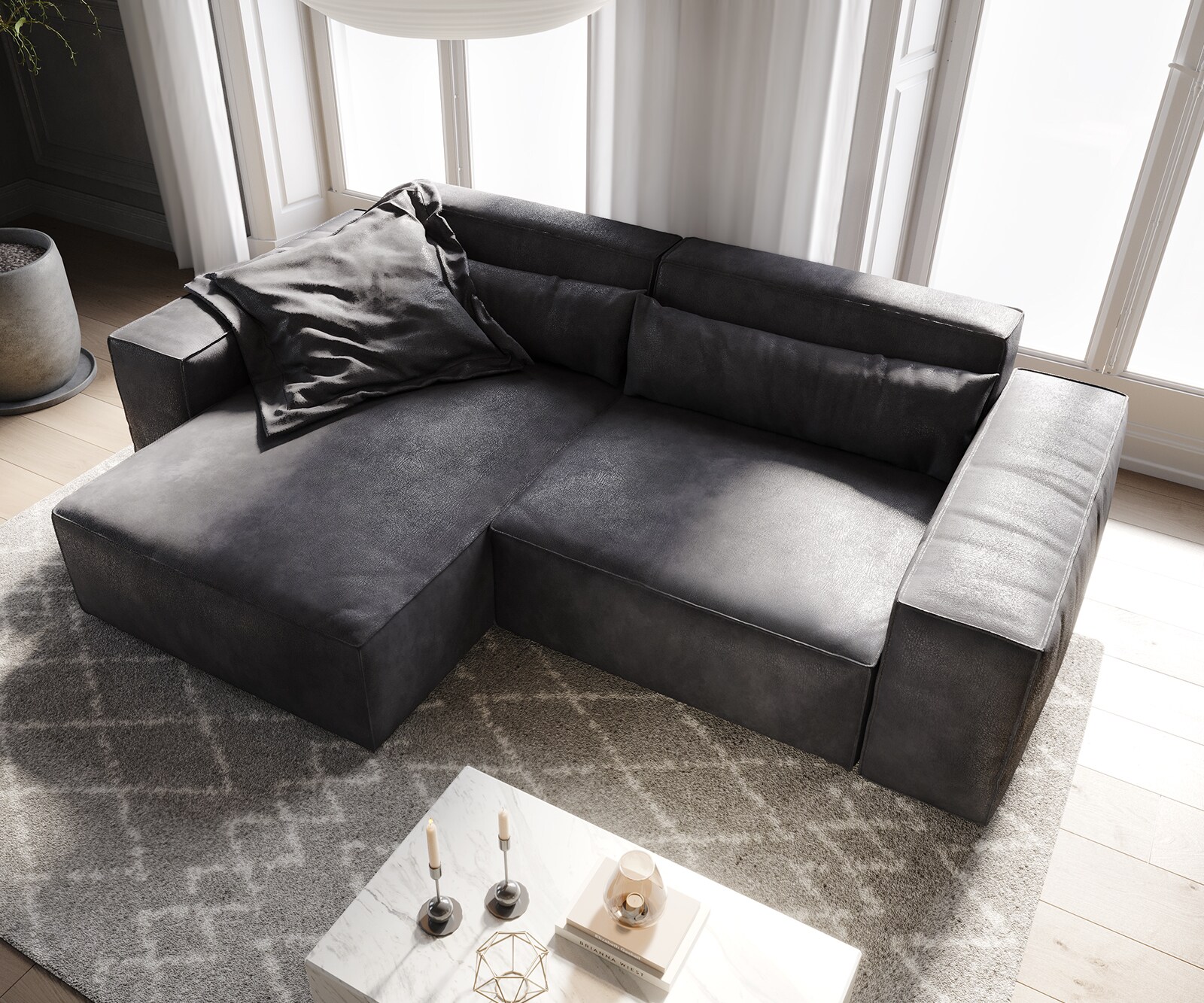 Canapé d'angle Sirpio 230x155 cm Cuir synthétique Vintage Anthracite Recamiere variable 4