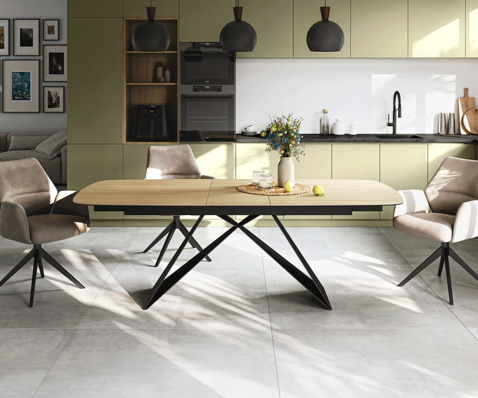 Esstisch Edge Boot 180-220x100 cm Keramik Laminam® Sabbia Eichefarbig V-Gestell Flachstahl Schwarz ausziehbar 1