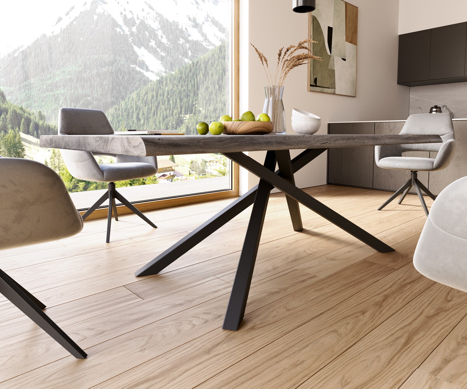 Esstisch Edge 220x100 XL Akazie Platin Kreuzgestell Rechteck Schwarz Live-Edge 5