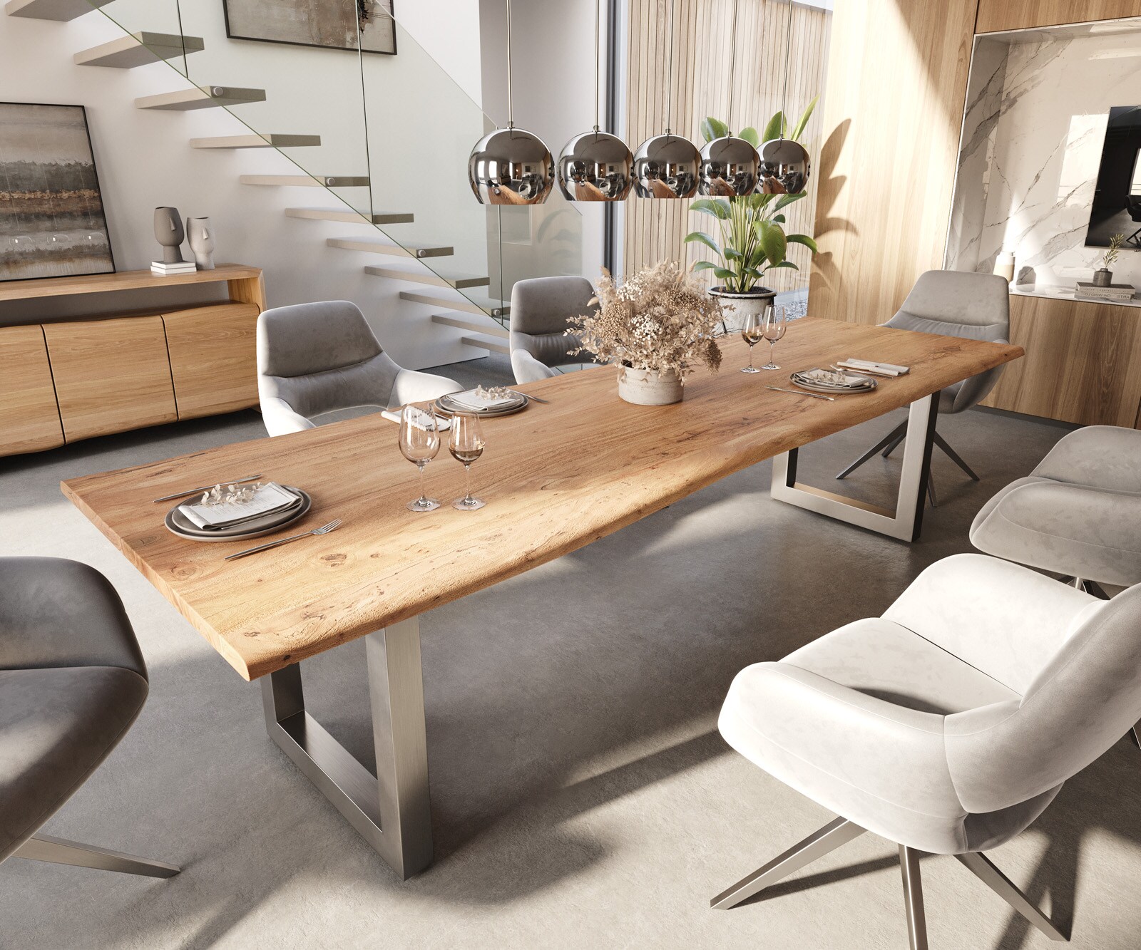 Table-à-manger Edge 300x100 acacia nature acier inoxydable large Live-Edge 1