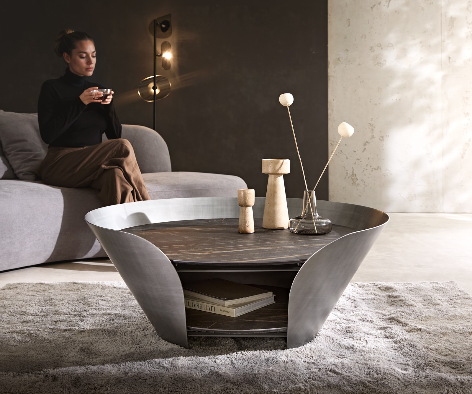 Table-basse Skafi 100x40 cm Céramique Laminam® Noir Désir Marron Métallique Argenté 2
