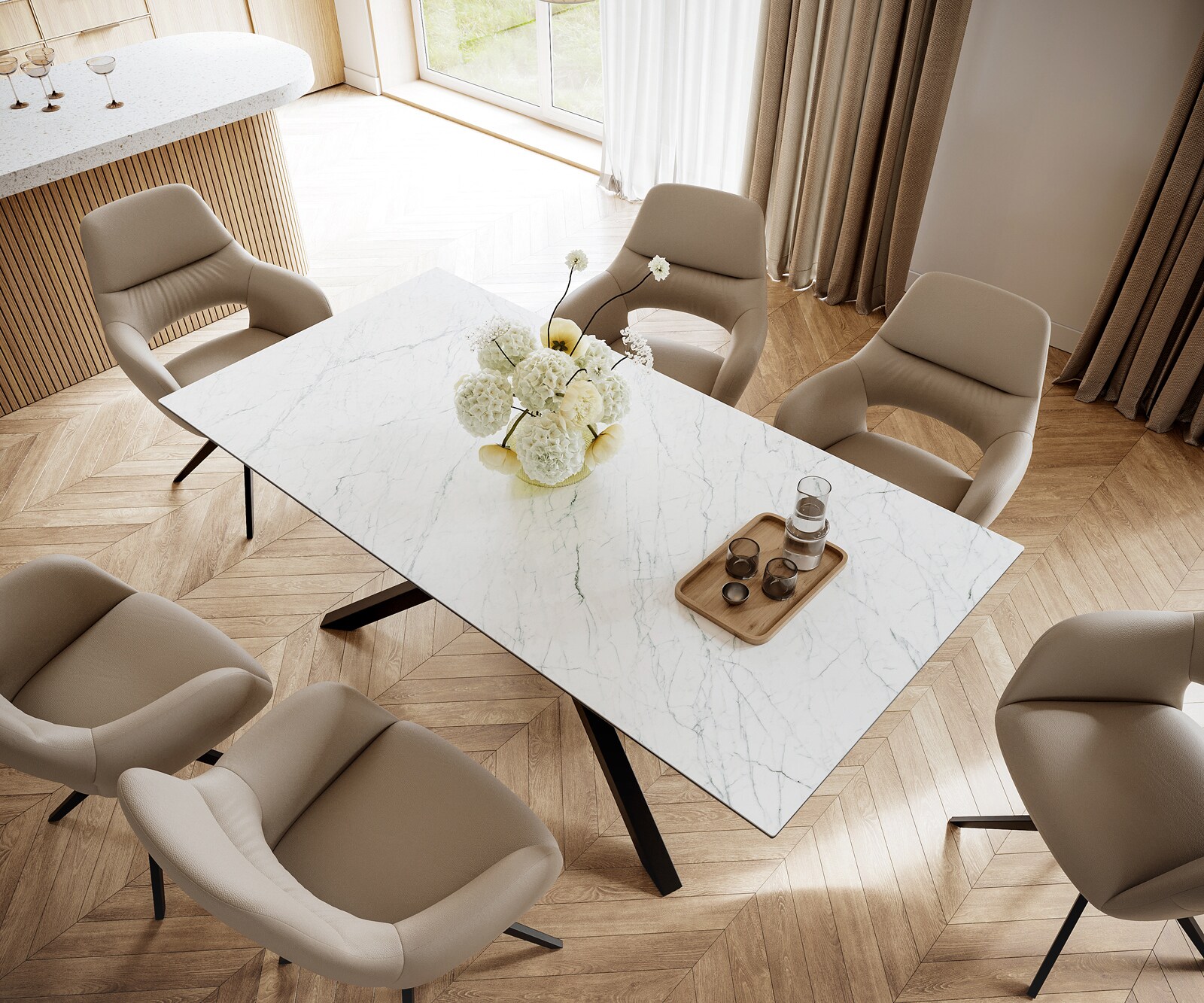 Esstisch Edge 200x100cm Keramik Laminam®Statuarietto Weiß Mittelfuß Kreuz Schwarz 4