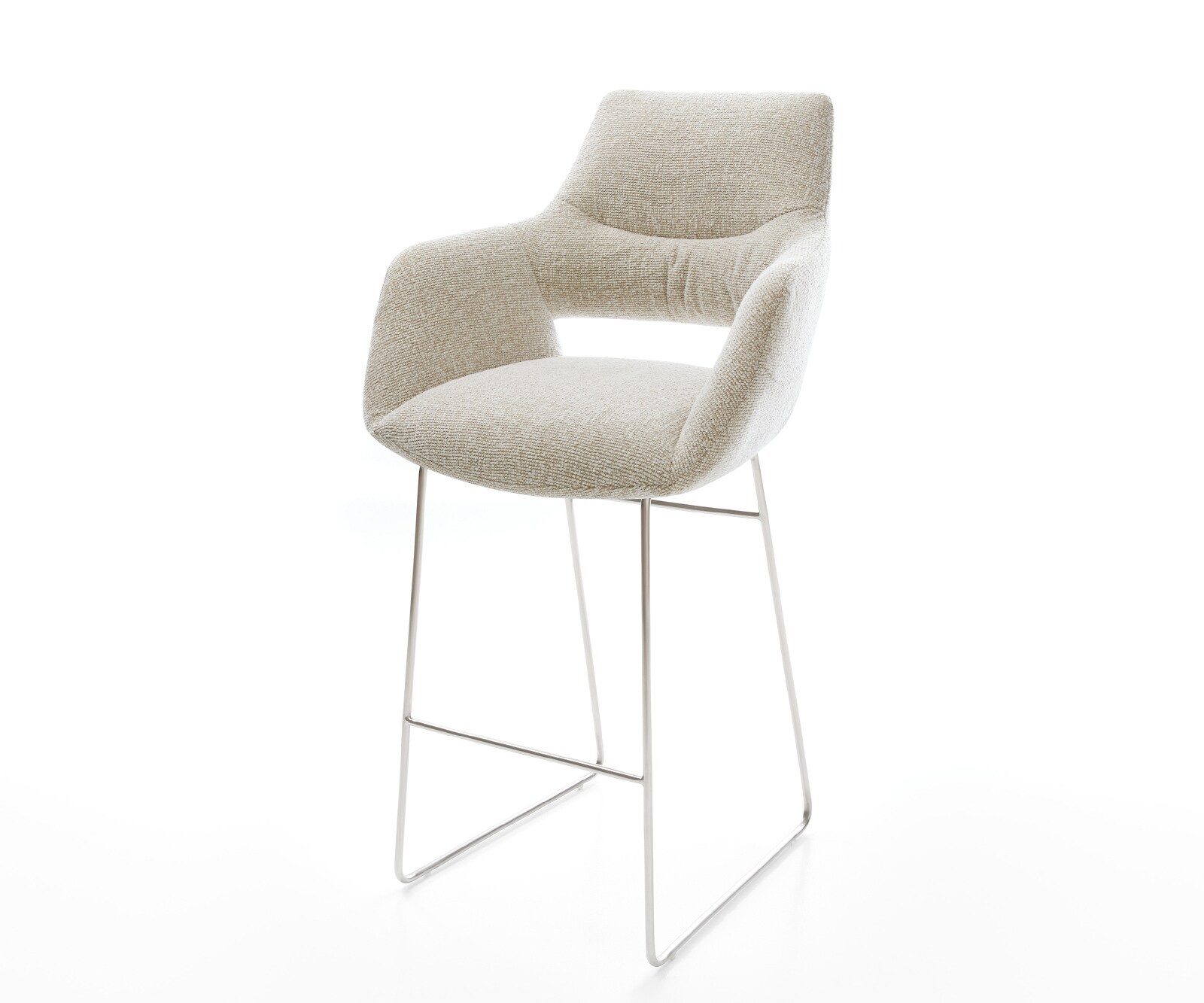 Chaise-de-bar Yago-Flex Tissu tissé doux Beige Pied trapèze acier inoxydable Argent Ressort ensaché