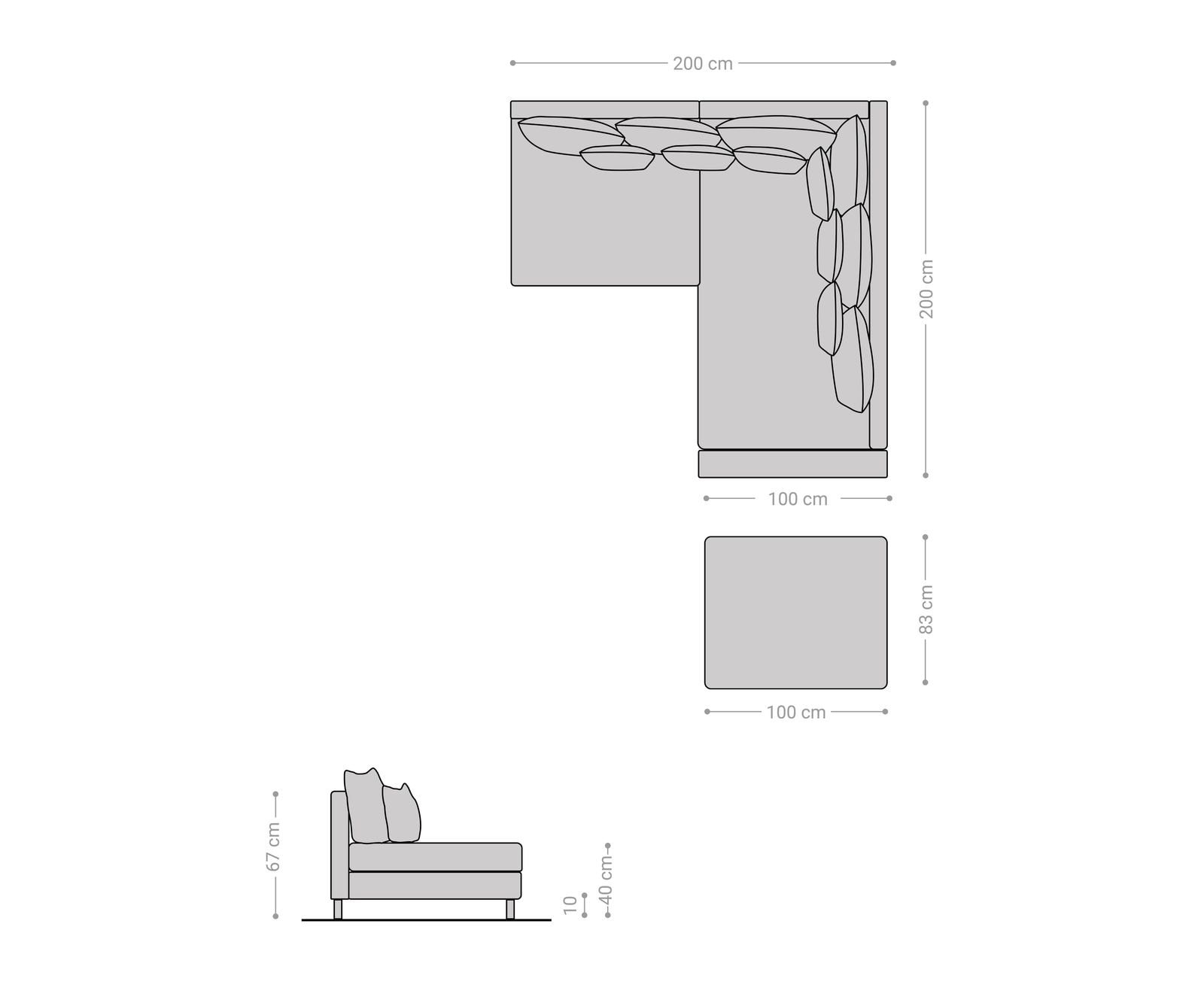 Canapé d'angle Clovis tissu structuré gris clair tabouret accoudoir pouf à droite canapé modulaire 6
