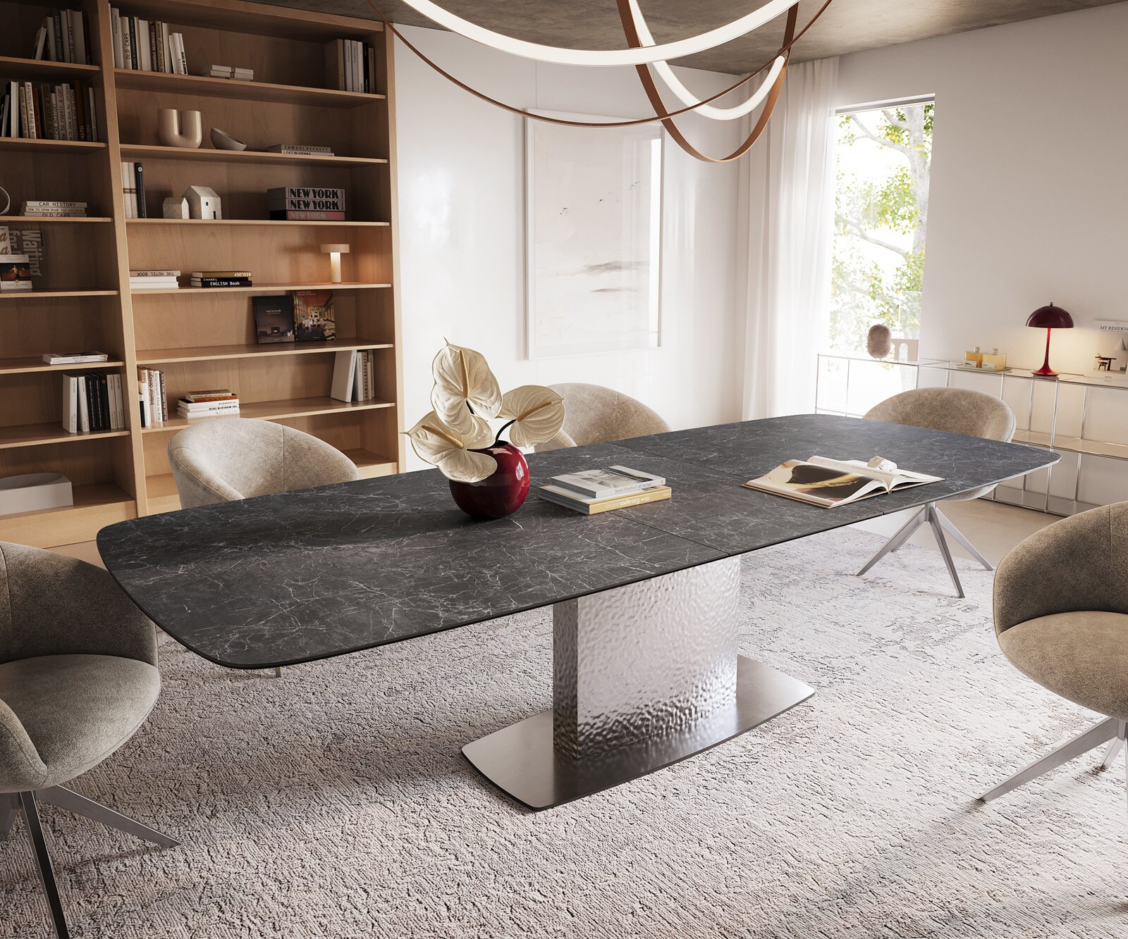 Esstisch Edge Boot 240-300x120 cm Keramik Laminam® Nero Greco Anthrazit Wave Edelstahl ausziehbar