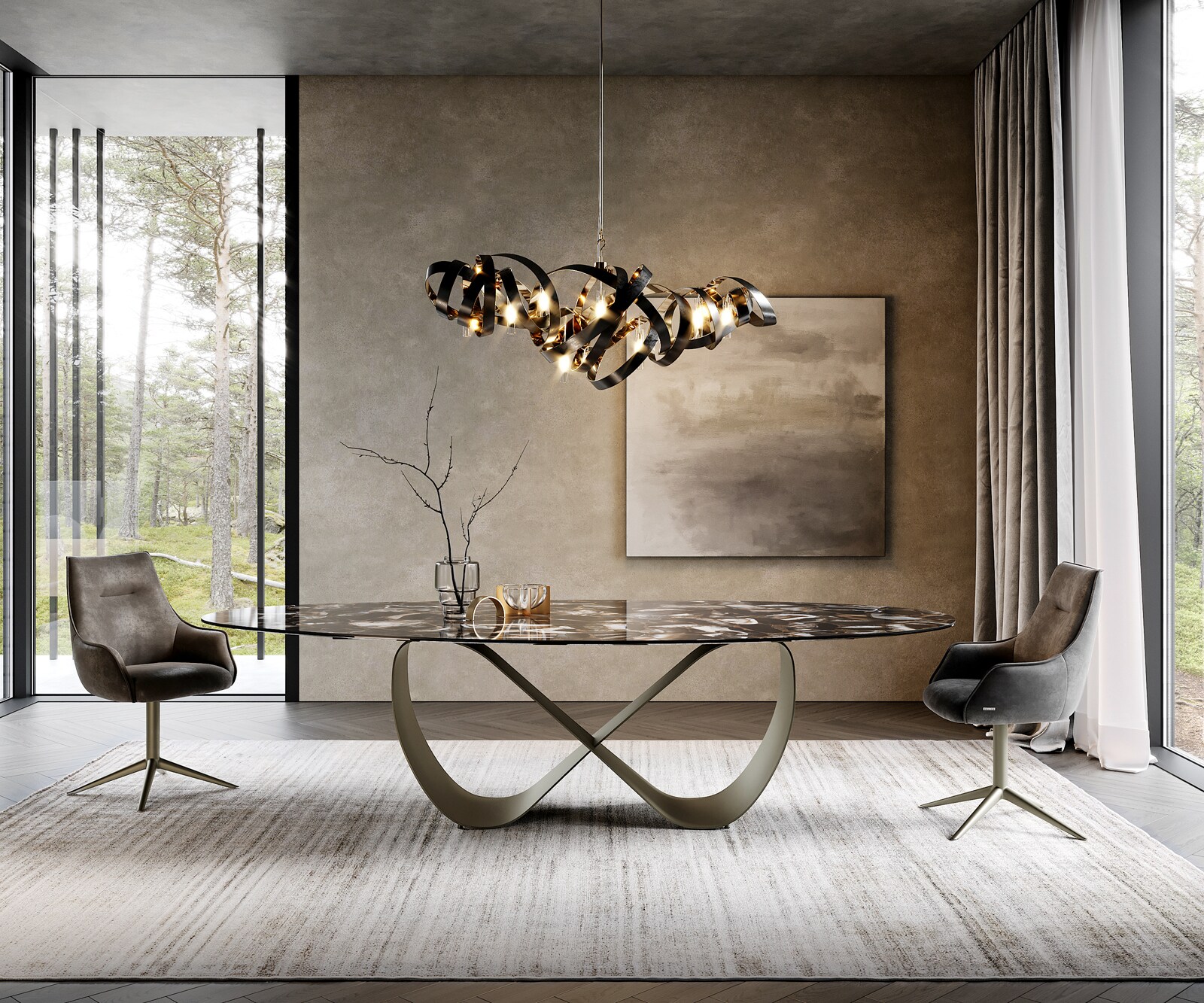 Table à manger Edge Oval 280x130 cm Céramique Iris FMG Agatablack Infinity Métal Finition effet Titan