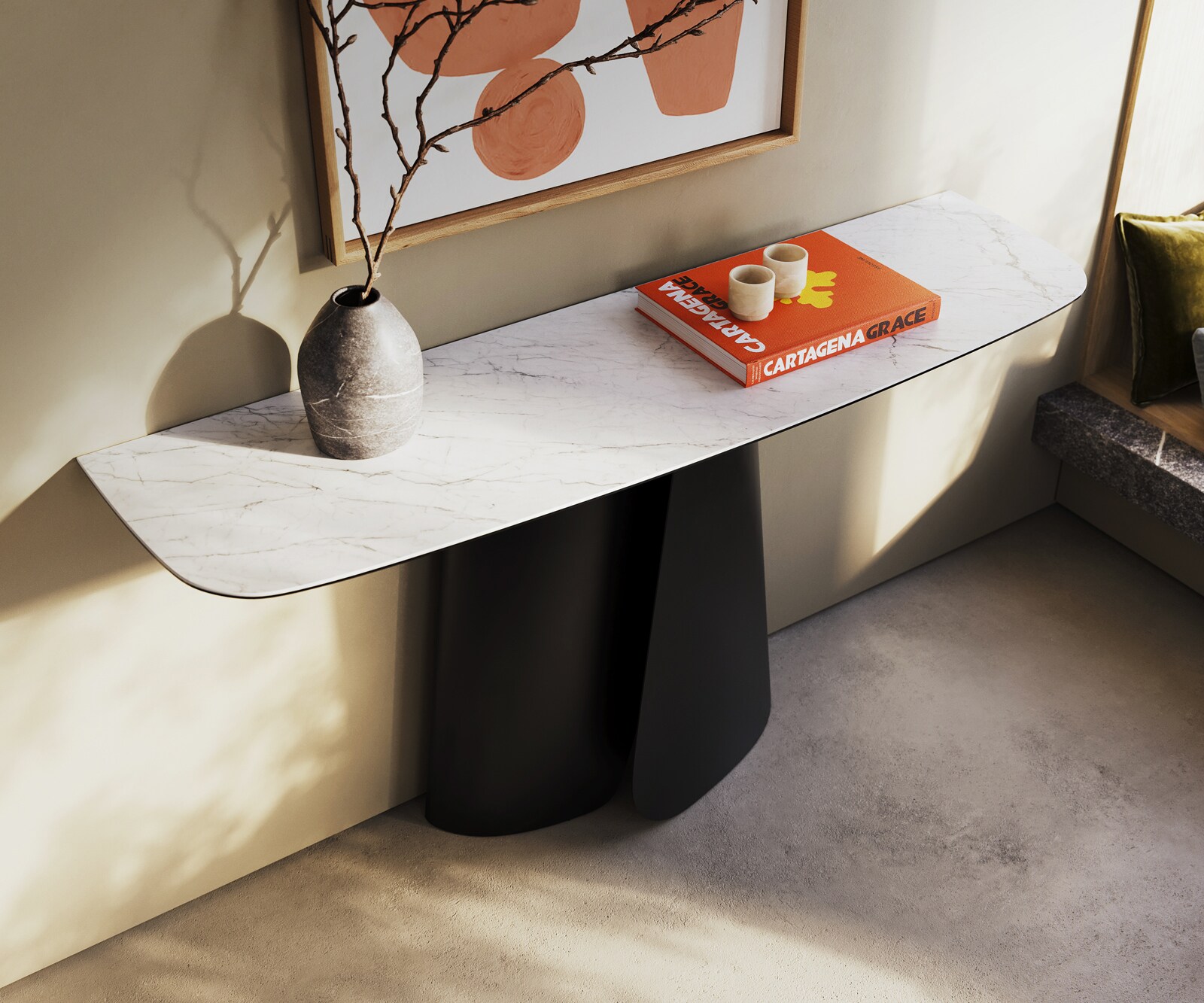 Konsolentisch Edge Boot 140x40 cm Keramik Laminam® Statuarietto Weiß Livos Metall Schwarz 1