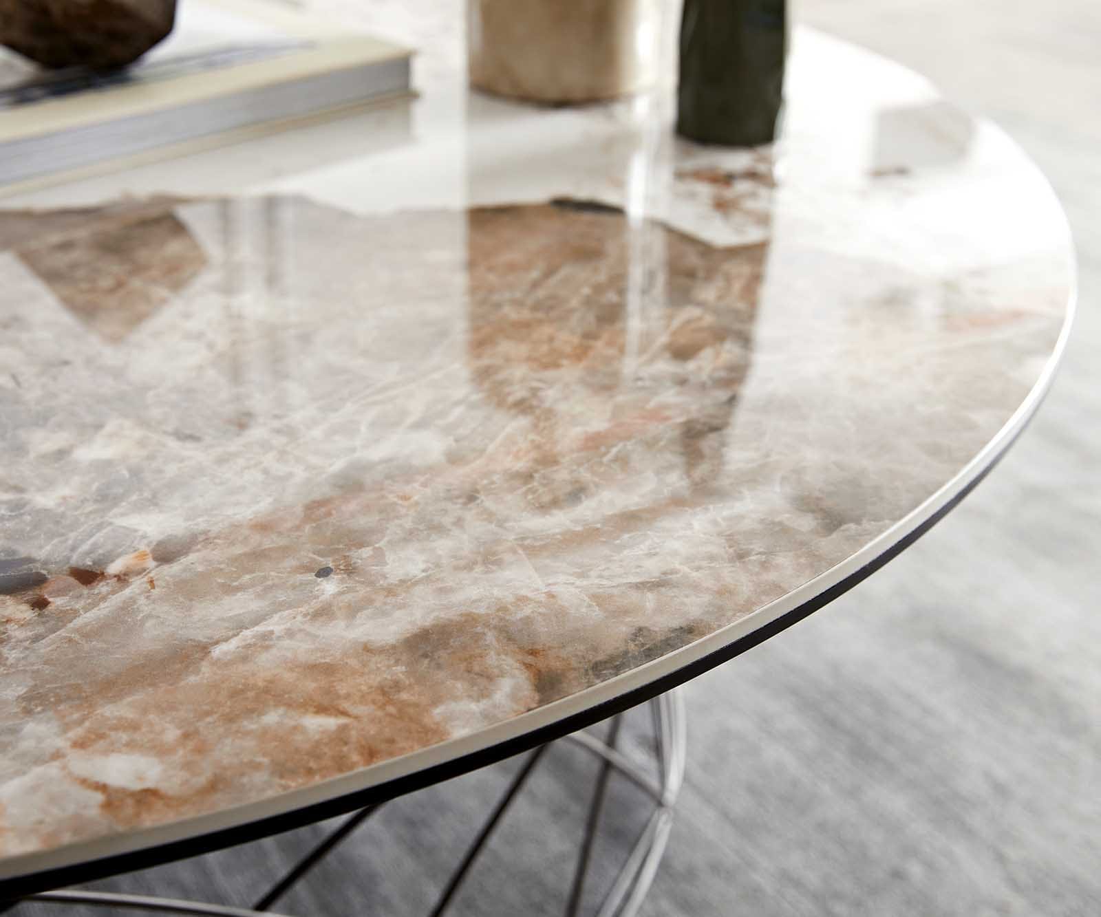 Table-basse Lassina 100x100 cm Céramique Minas Melange Blanc-Beige Piétement métal effet titane 6