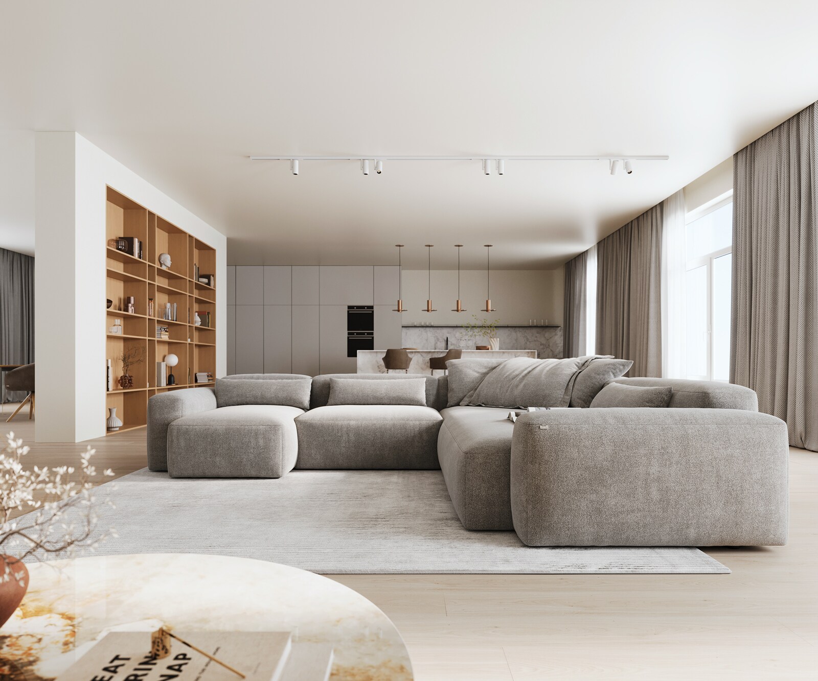 Wohnlandschaft Freestyle 360x290 cm Strukturstoff Soft Grau Kappnaht 1